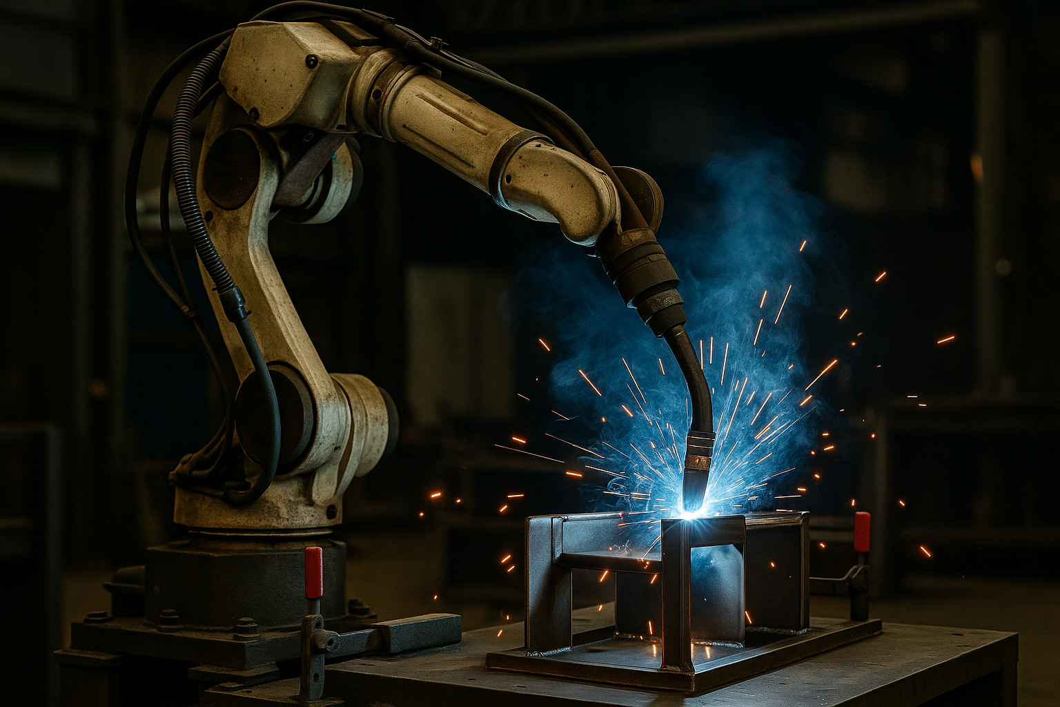 Robotic welding arm performing automated welds on a metal assembly in a high-tech industrial workshop.
