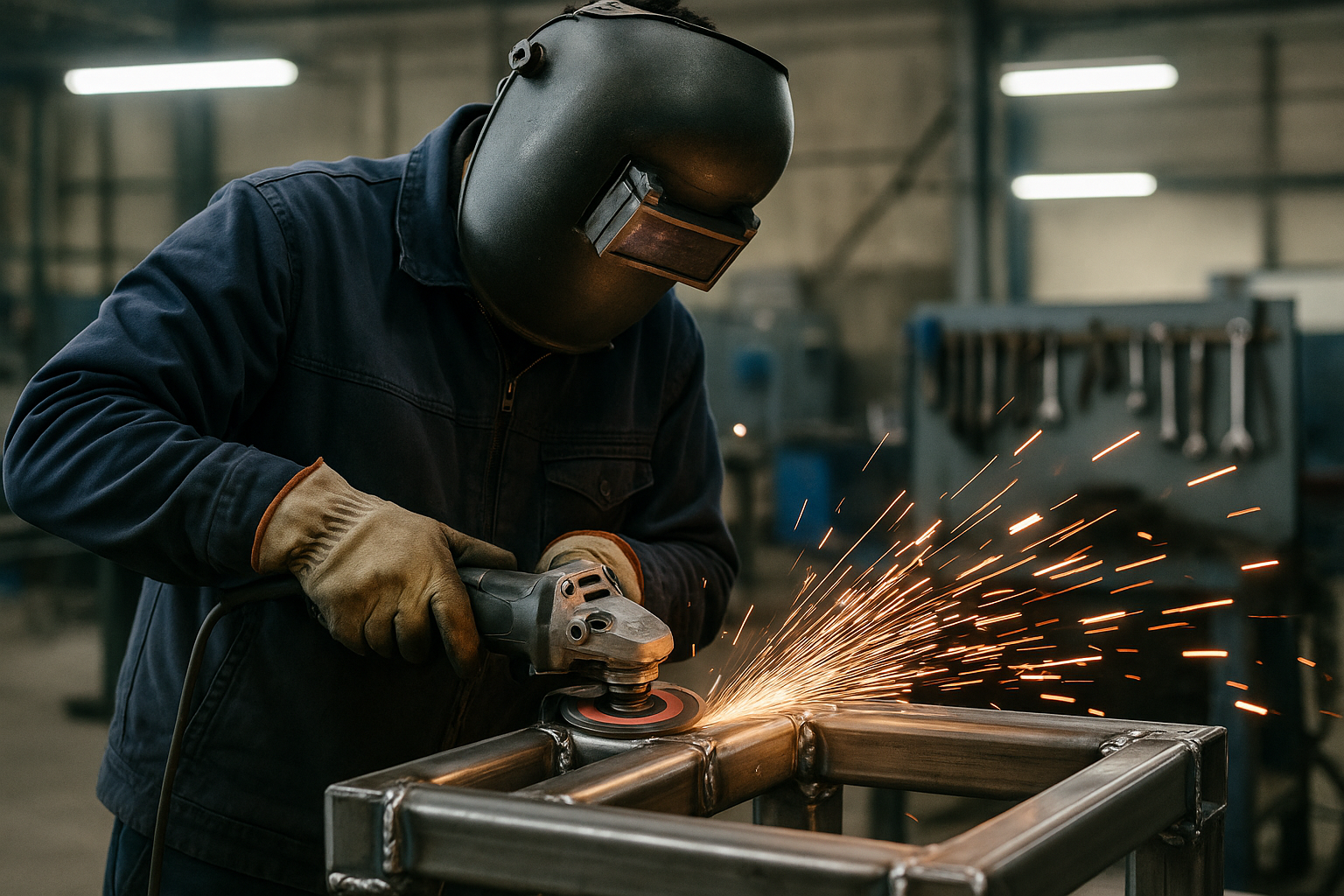 Welder performing surface grinding on a welded metal component in an industrial setting.