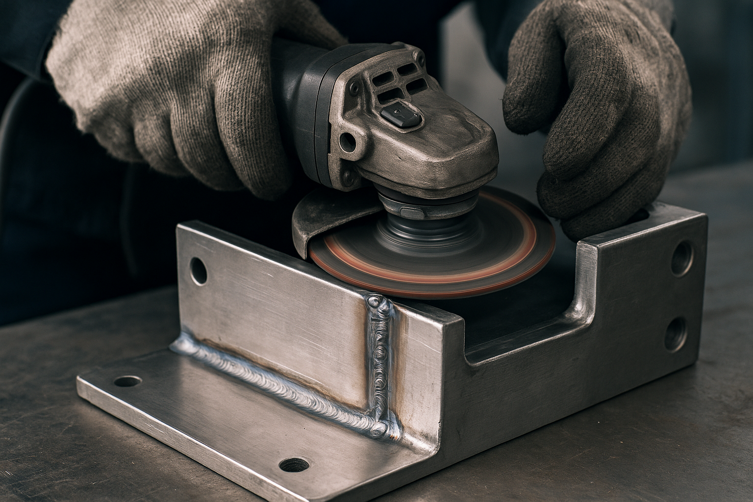 A worker uses an angle grinder to polish the surface of a welded metal component in an industrial workshop.