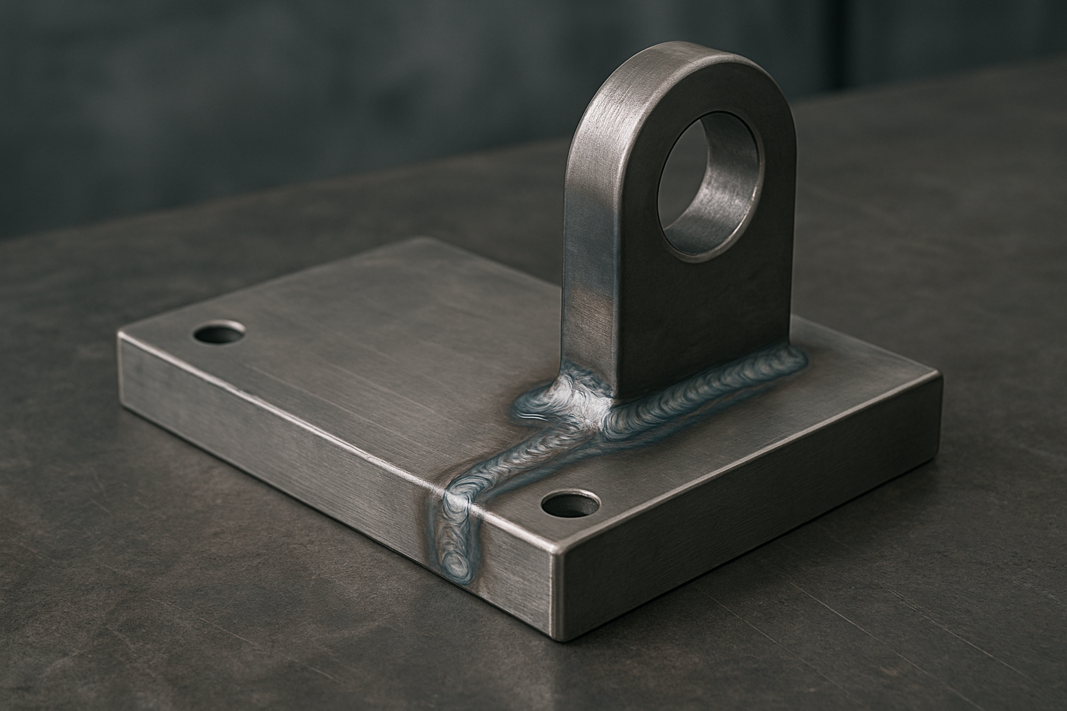 Welded metal bracket with precision welds on a dark industrial surface.