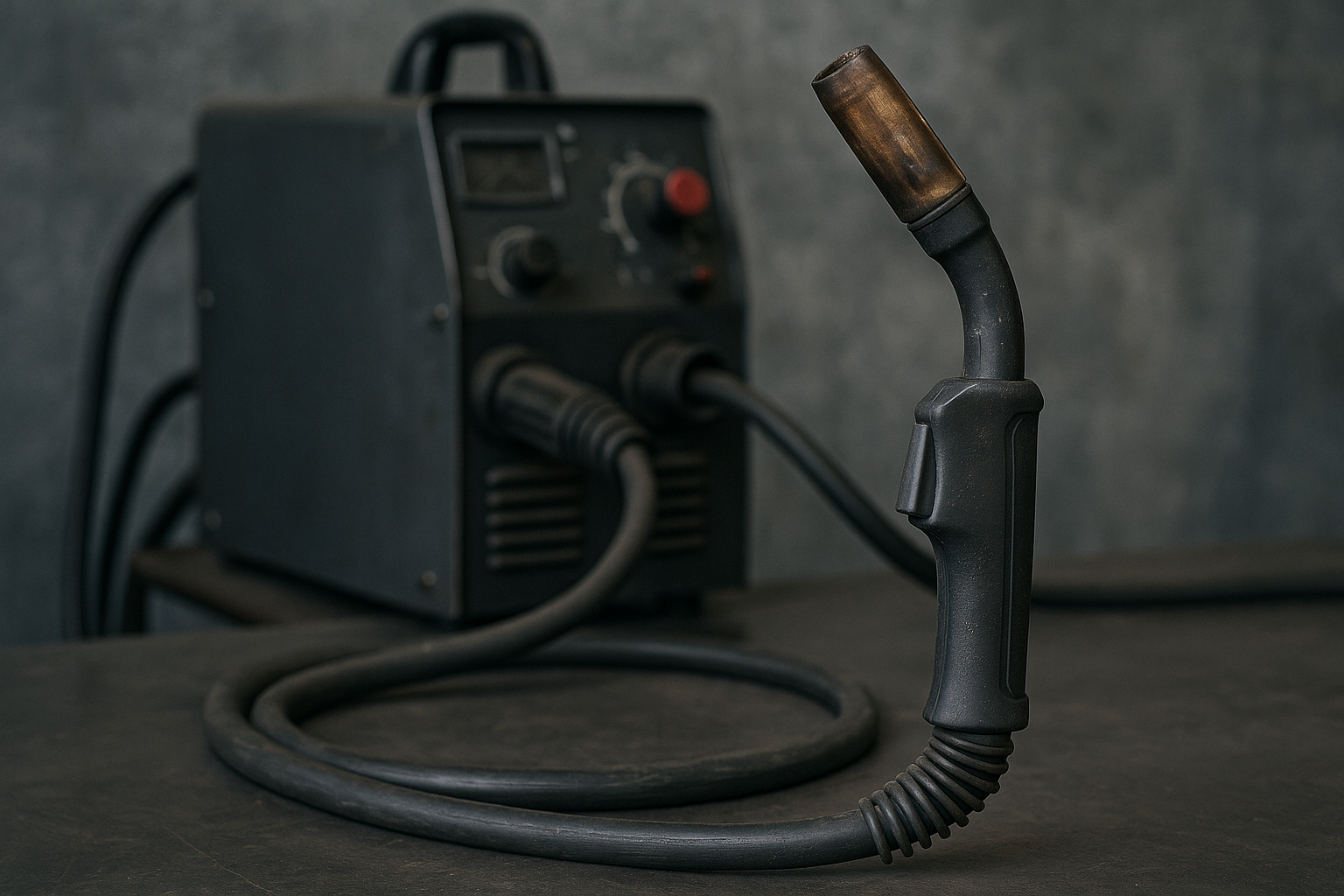 Close-up view of a MIG welding torch with a worn nozzle in front of a black welding machine.