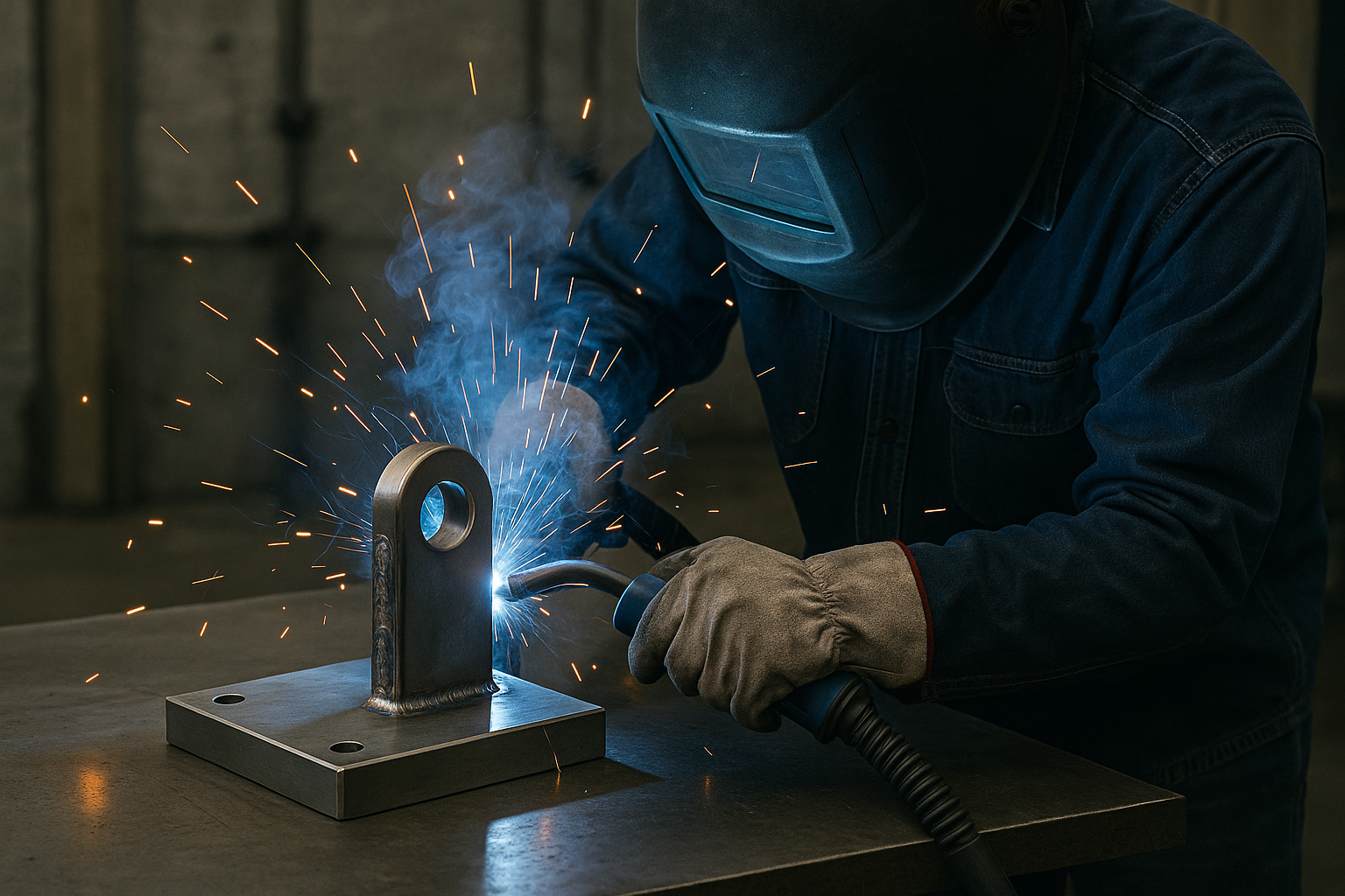 Welder fabricating a metal bracket in an industrial workshop with visible welding sparks.