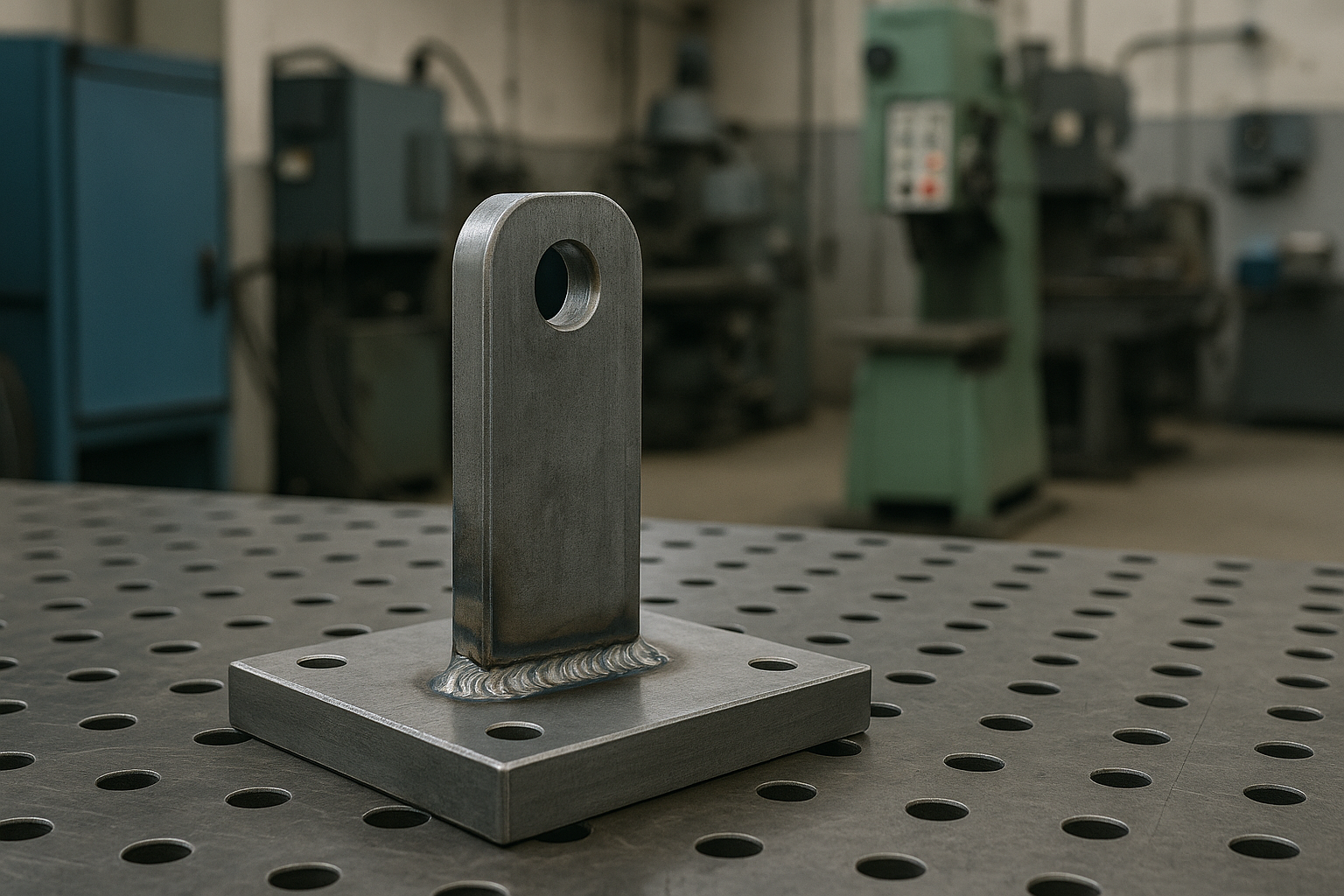 Welded metal bracket placed on a perforated workbench in a machine-filled industrial workshop.