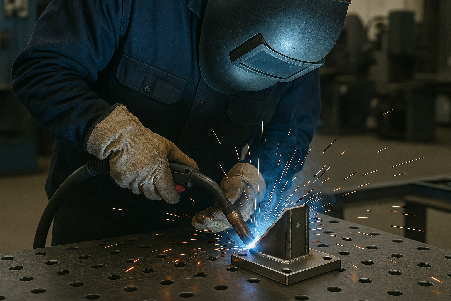 Welder performing MIG welding on a metal bracket in an industrial workshop.