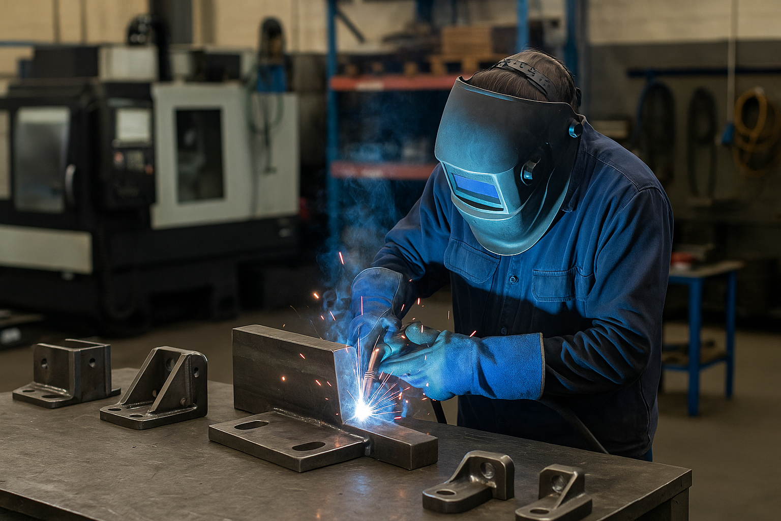 Welder using precision equipment to fabricate custom metal parts in a factory workshop.