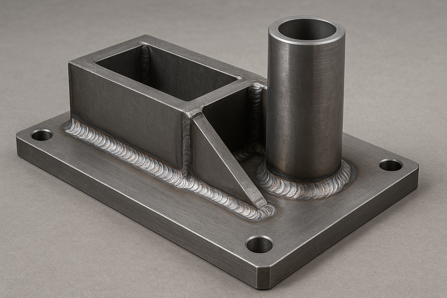 Custom welded metal assembly with clean bead welds and machined holes.