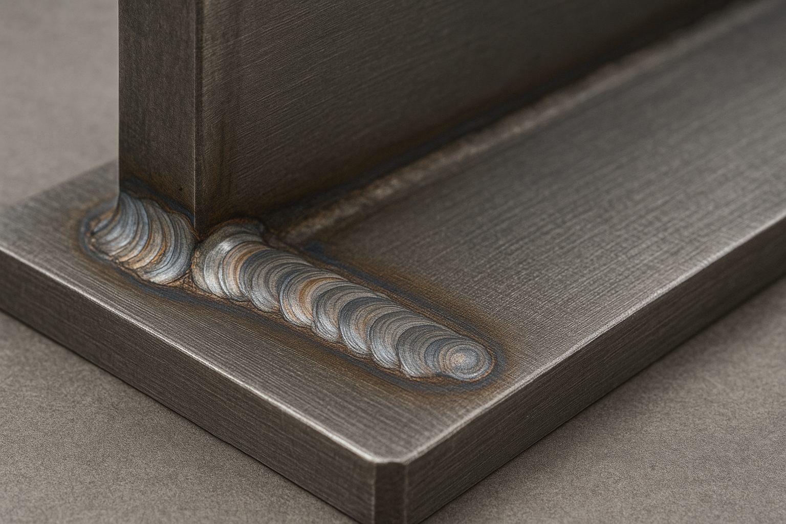  Close-up of a welded steel joint showing uniform bead patterns and heat discoloration.