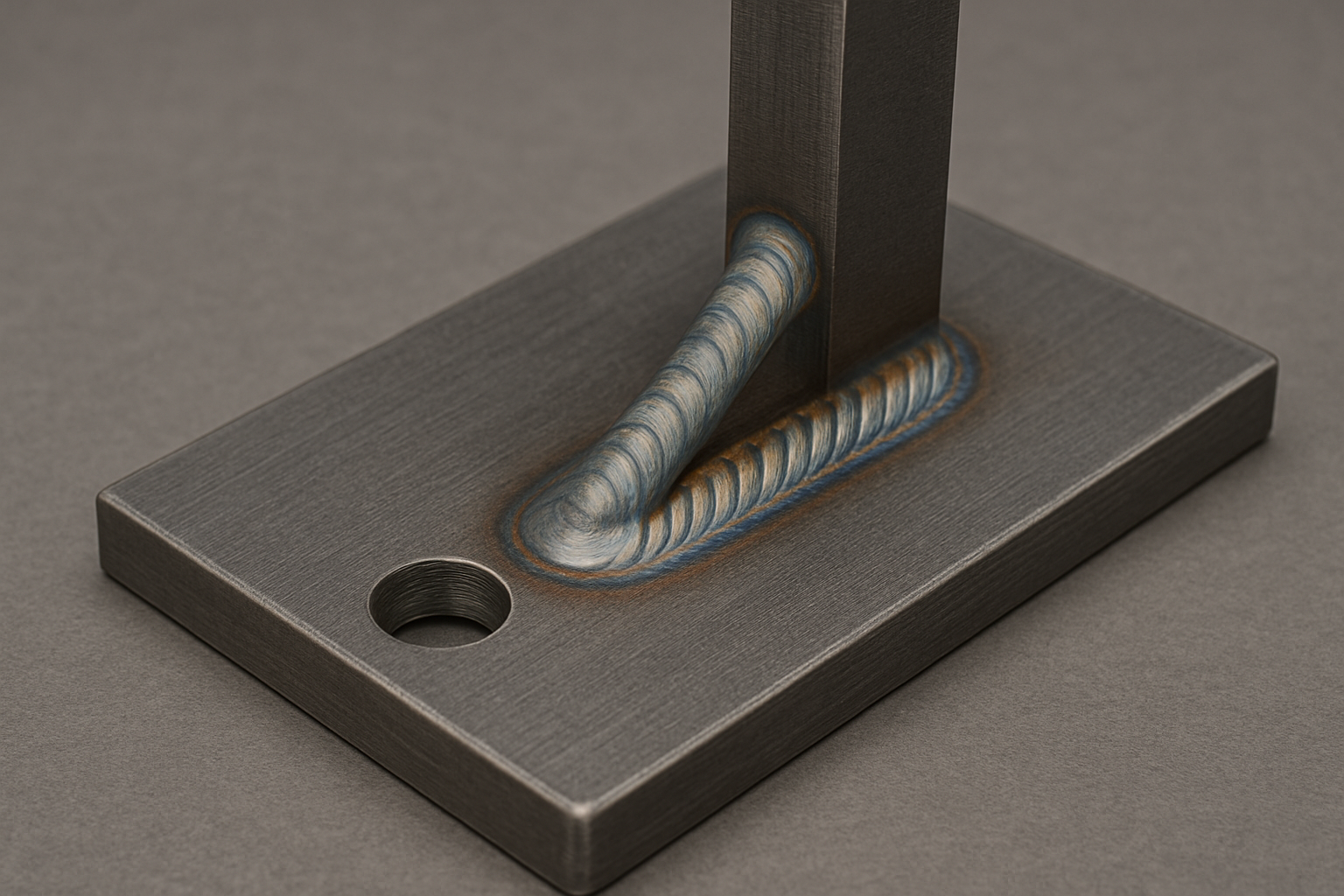 MIG-welded steel part with rippled weld bead and a machined hole.