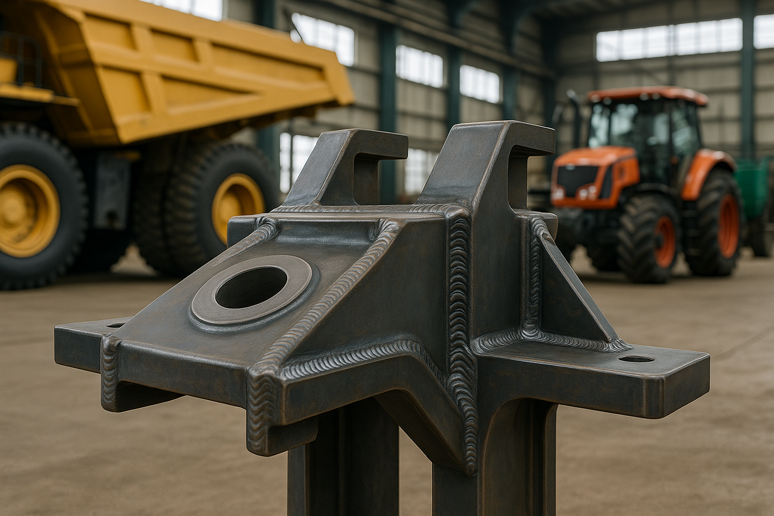 Welded steel component for mining and agricultural equipment inside a manufacturing facility.
