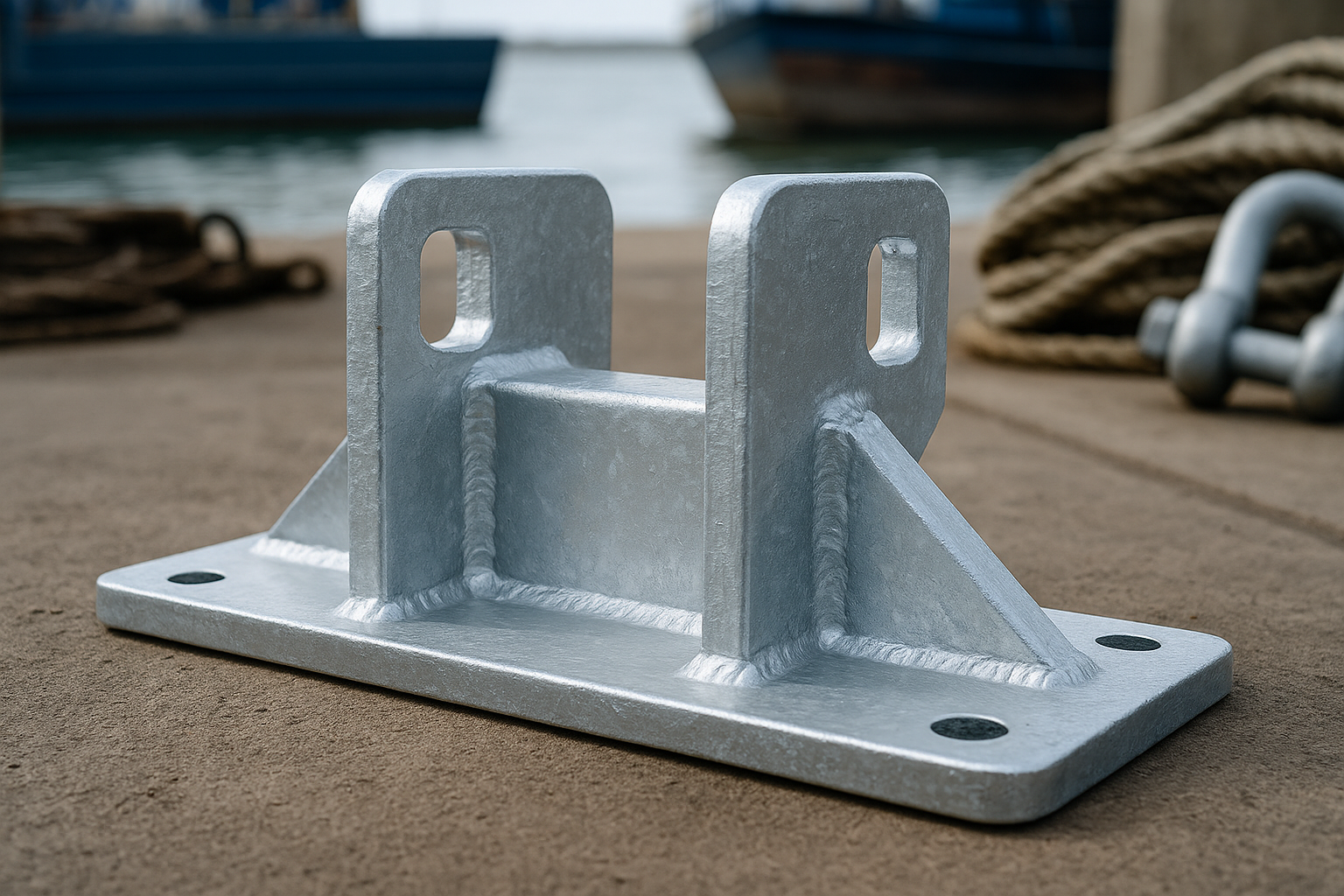 Galvanized welded steel marine part with reinforced flanges, designed for saltwater resistance, shown on a dockside workbench with maritime elements in the background.