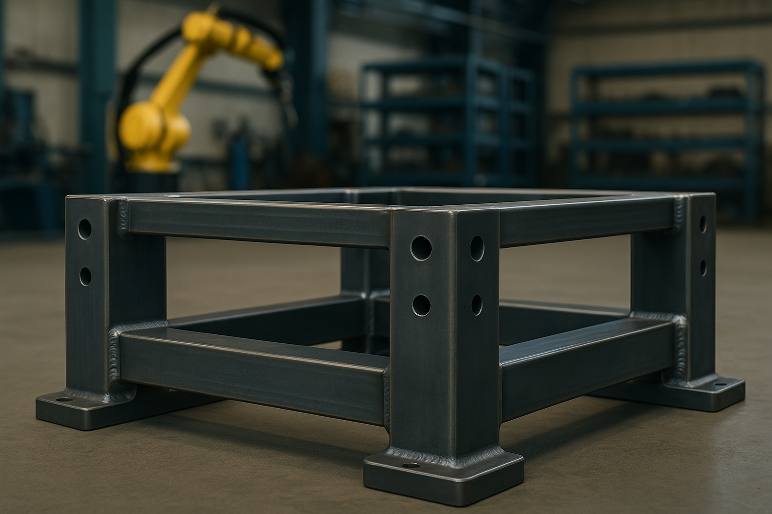 Welded precision steel base frame for robotic automation systems, placed in a modern industrial workshop with clean weld seams and rigid structure.