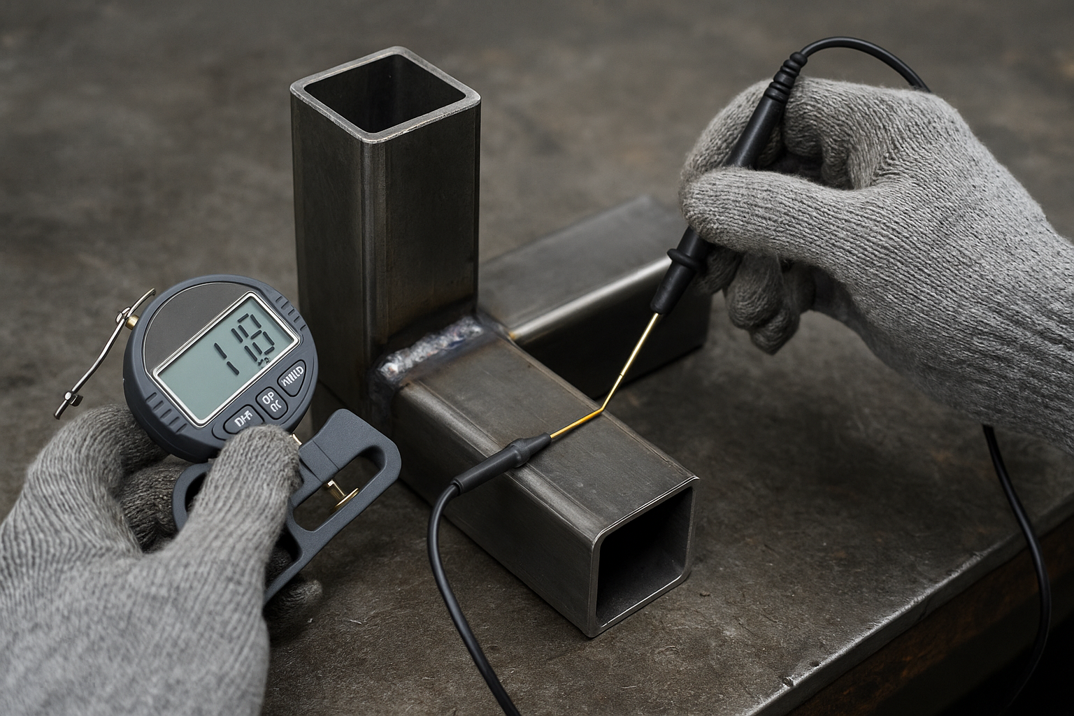 Inspection of welded metal T-joint using a digital thickness gauge and multimeter probe on a steel workbench.