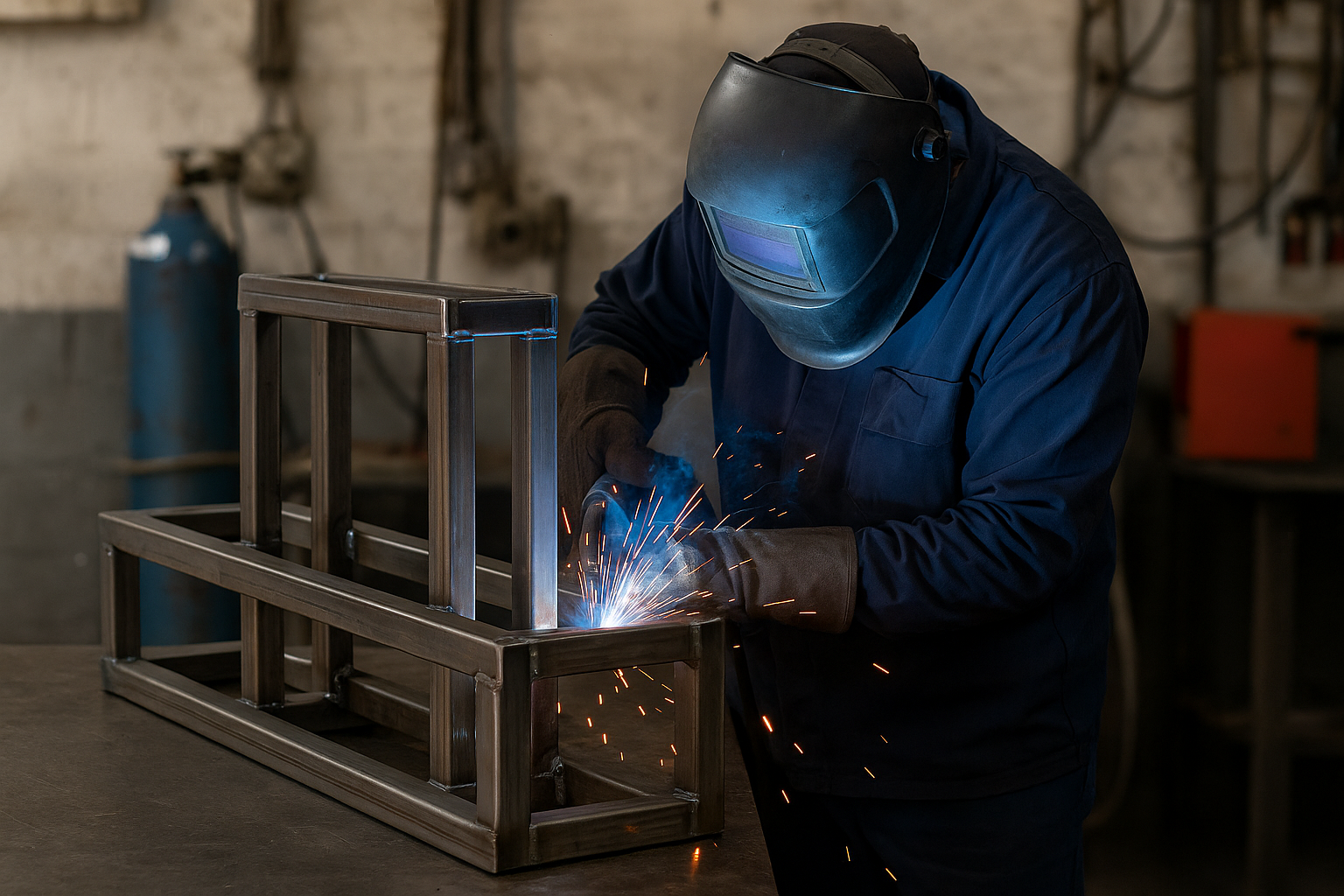 Welder working on a custom metal frame in an industrial workshop.