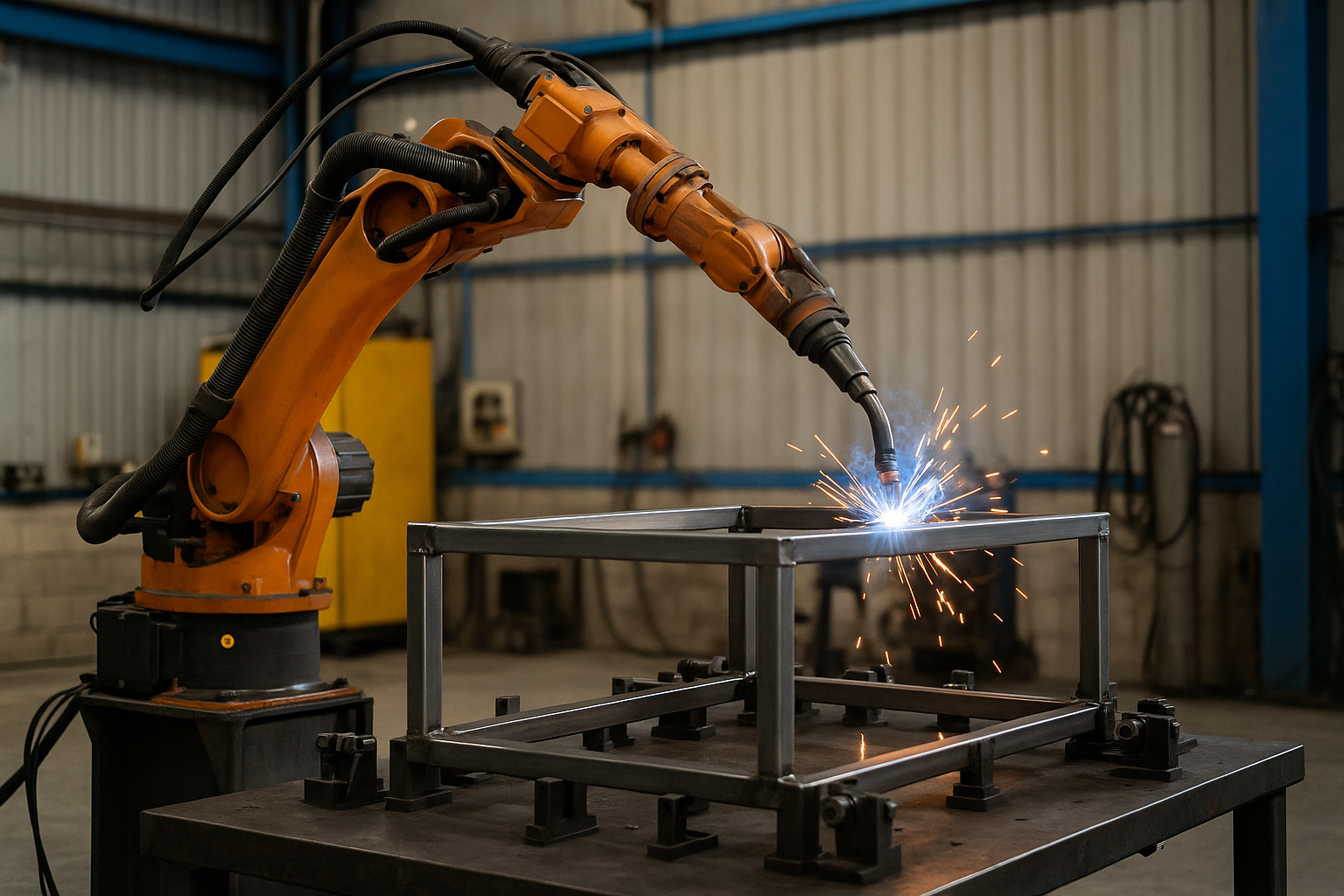 Robotic welding arm assembling a custom metal frame in a workshop.