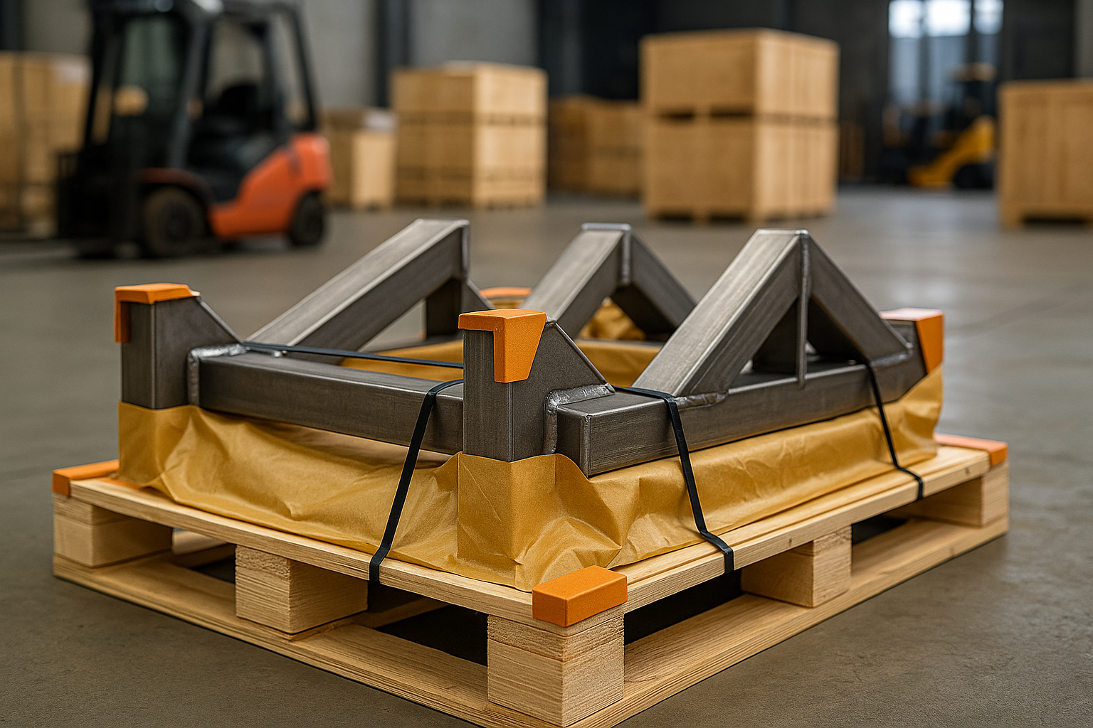 Palletized custom welded parts ready for international shipping
