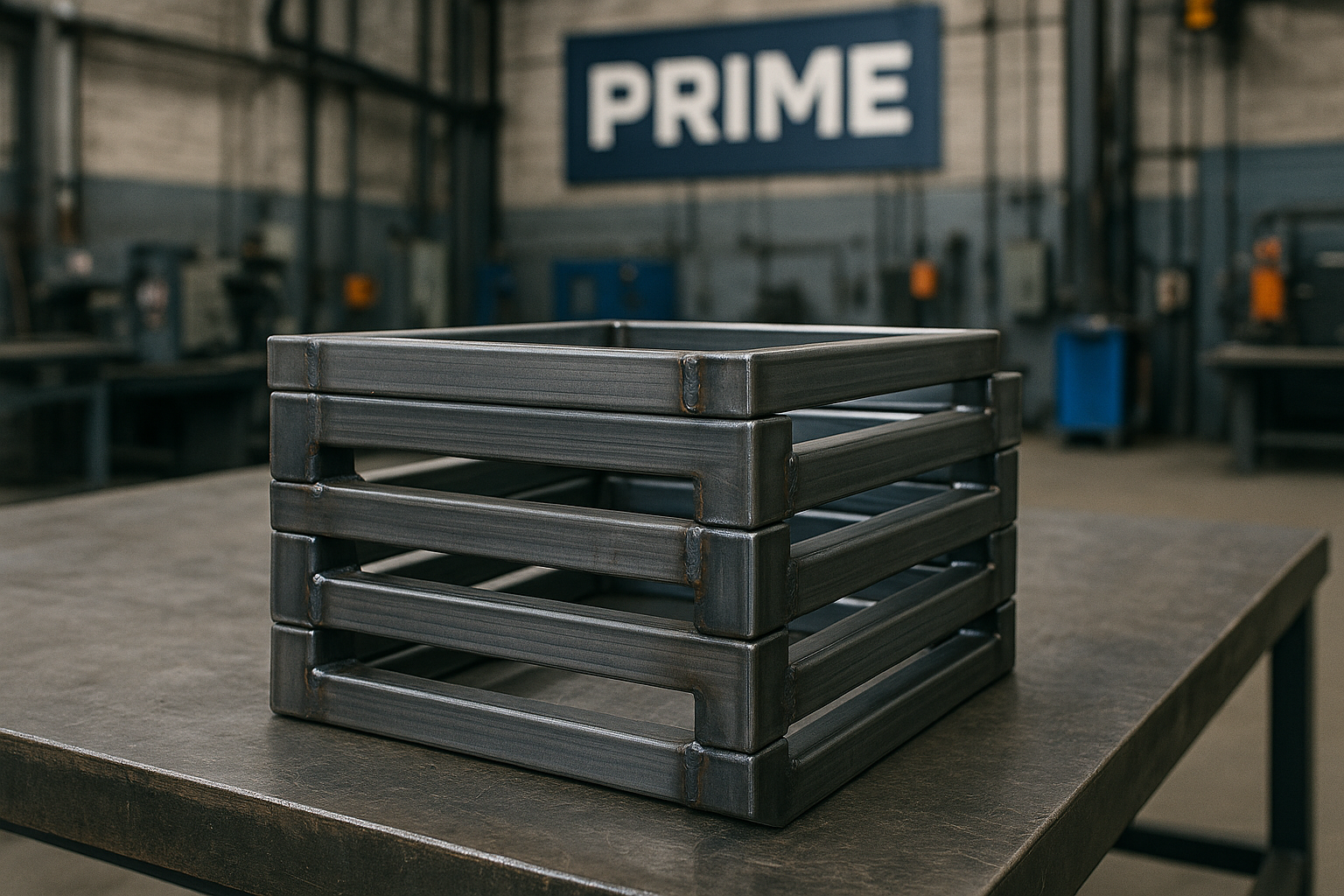 Stacked welded steel frames on a PRIME factory workbench in an industrial workshop setting.