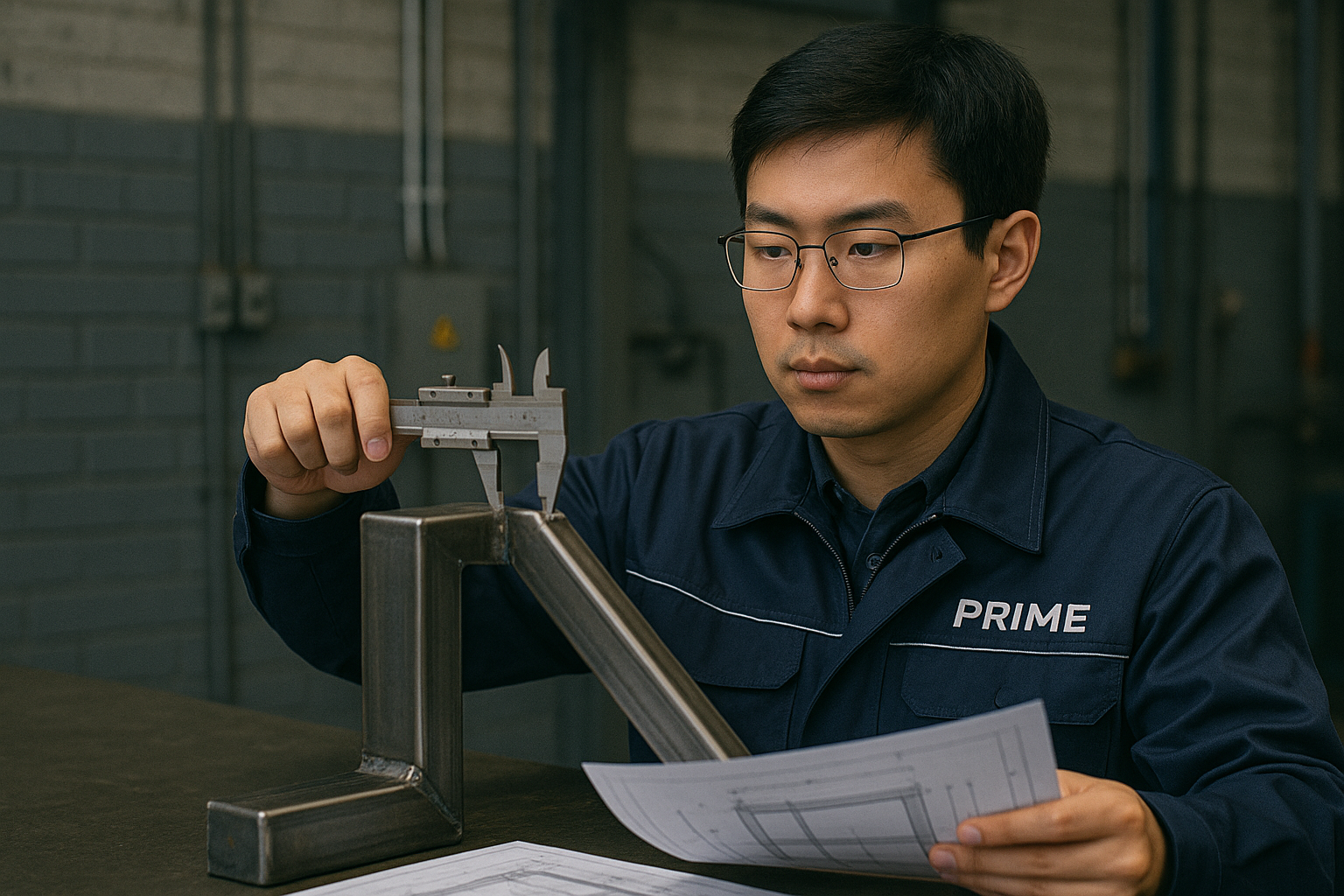 Asian engineer in a PRIME uniform inspecting a welded steel assembly with calipers and technical drawings.