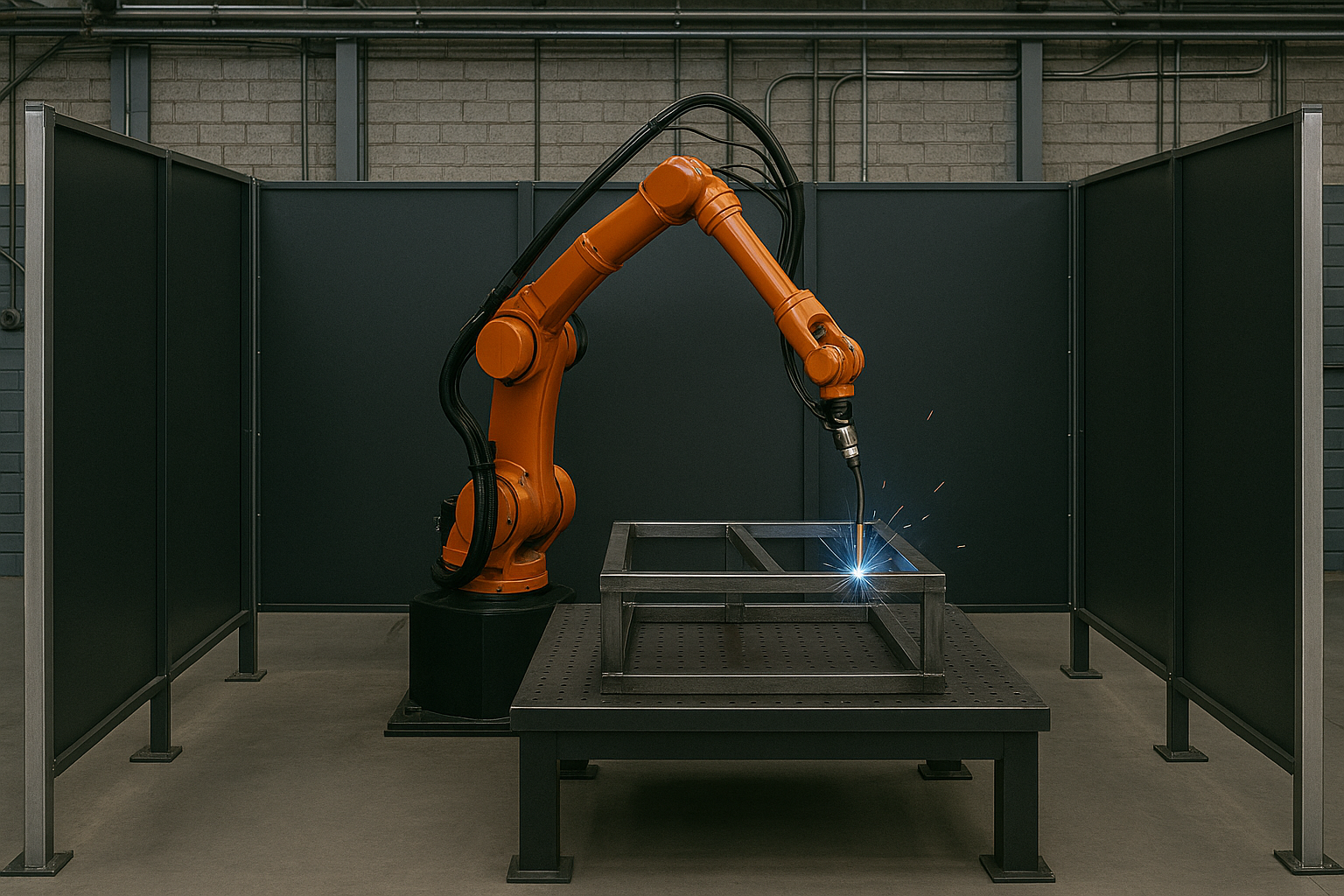 Automated welding station with a robotic arm assembling a steel frame in a factory environment.