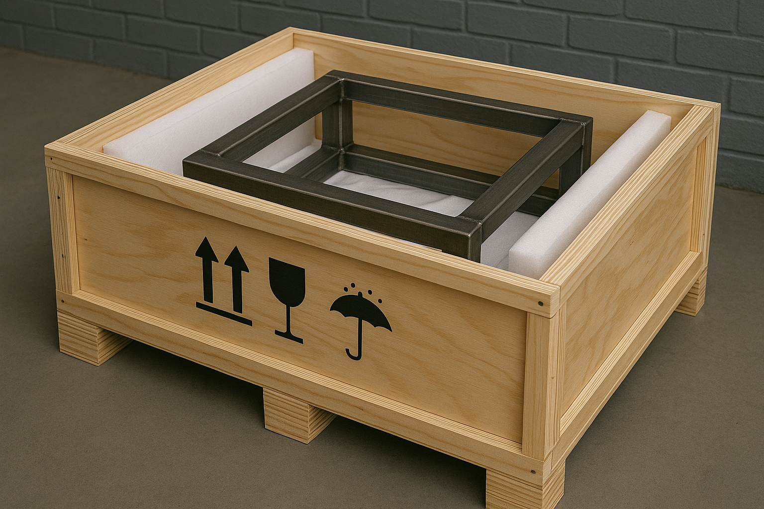 Welded metal parts securely packed in crate with international shipping icons