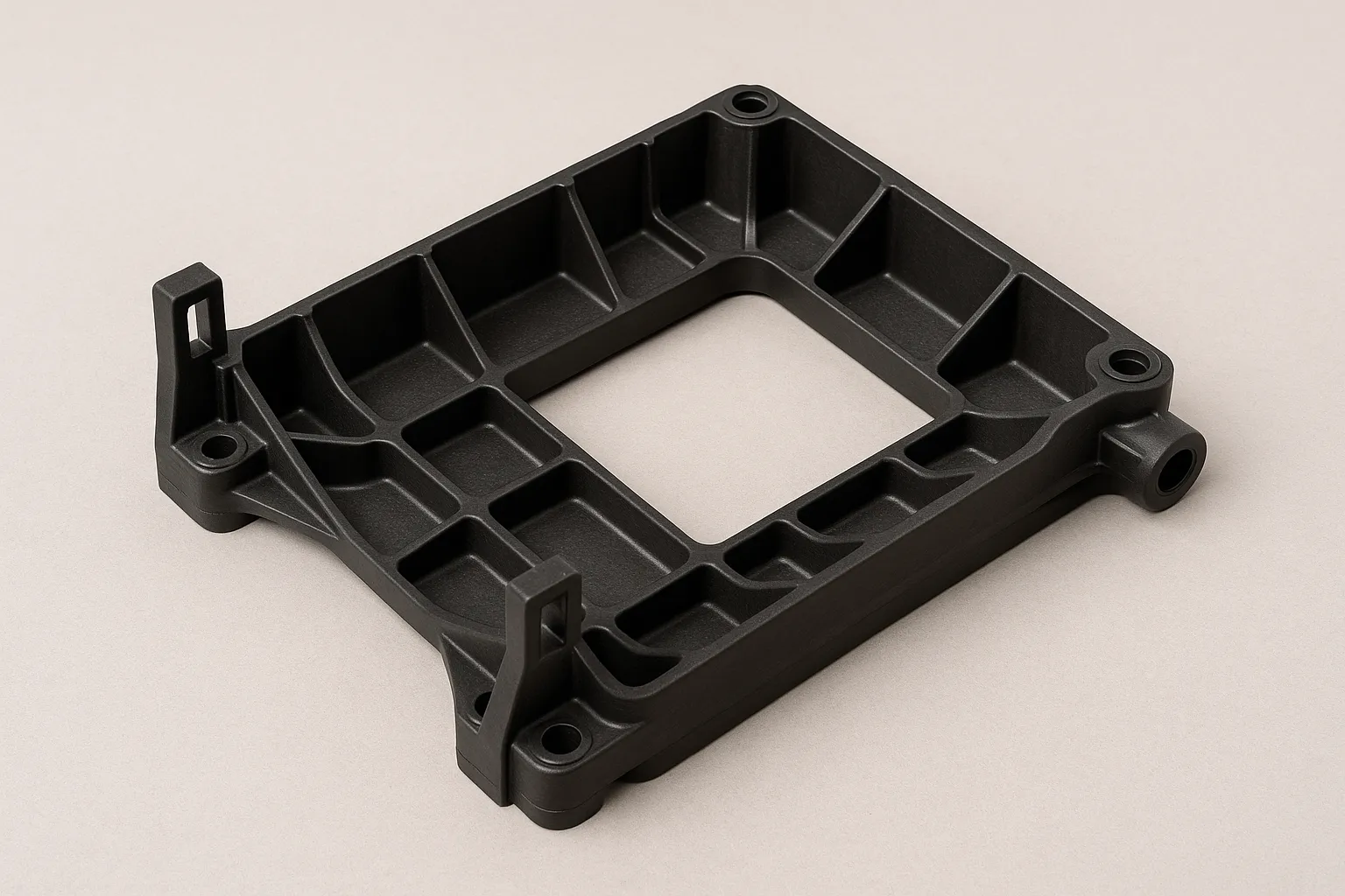 Large plastic structural part with reinforced ribs and mechanical joints.