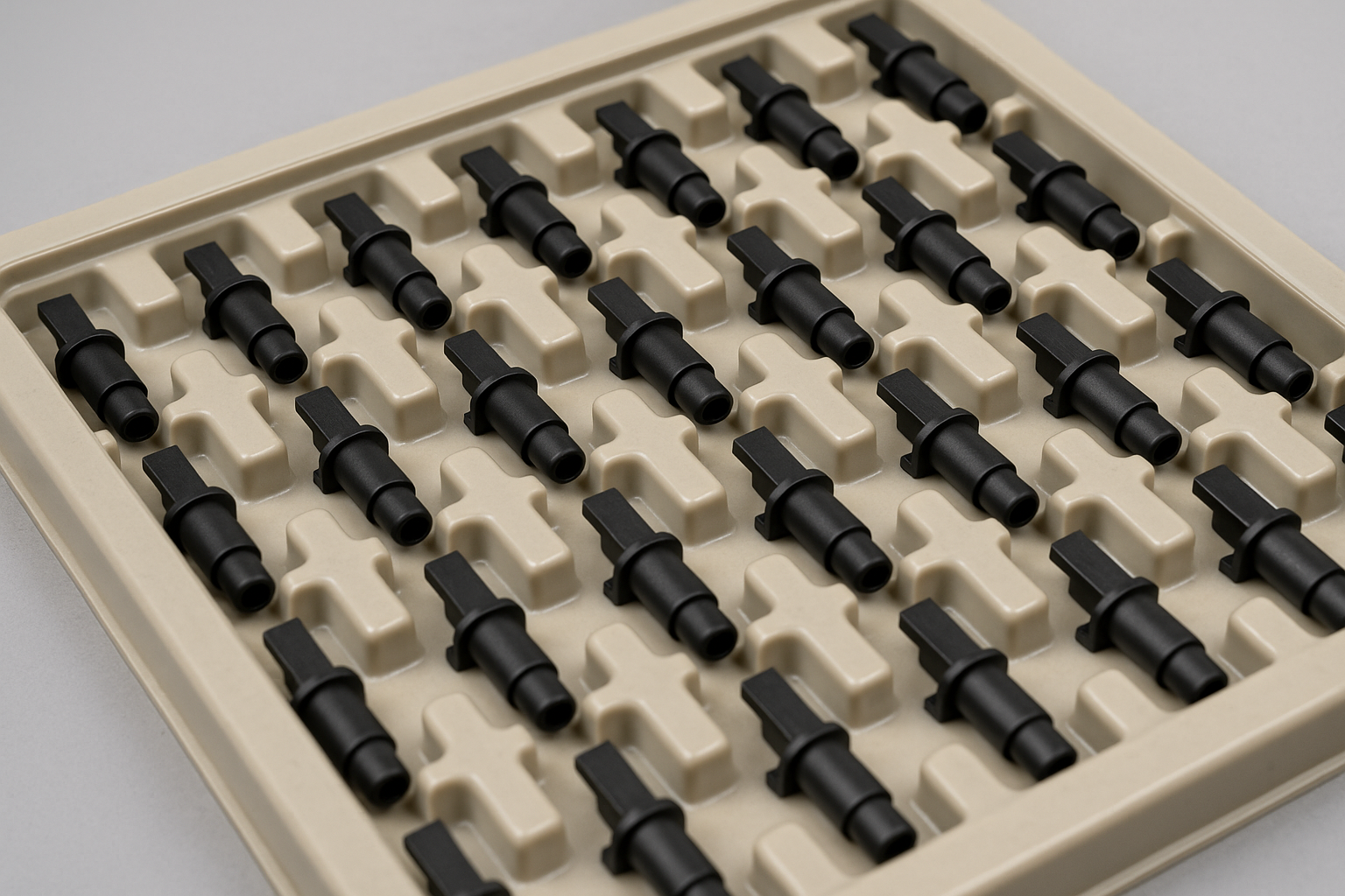Identical small plastic parts from multi-cavity mold on a production tray.