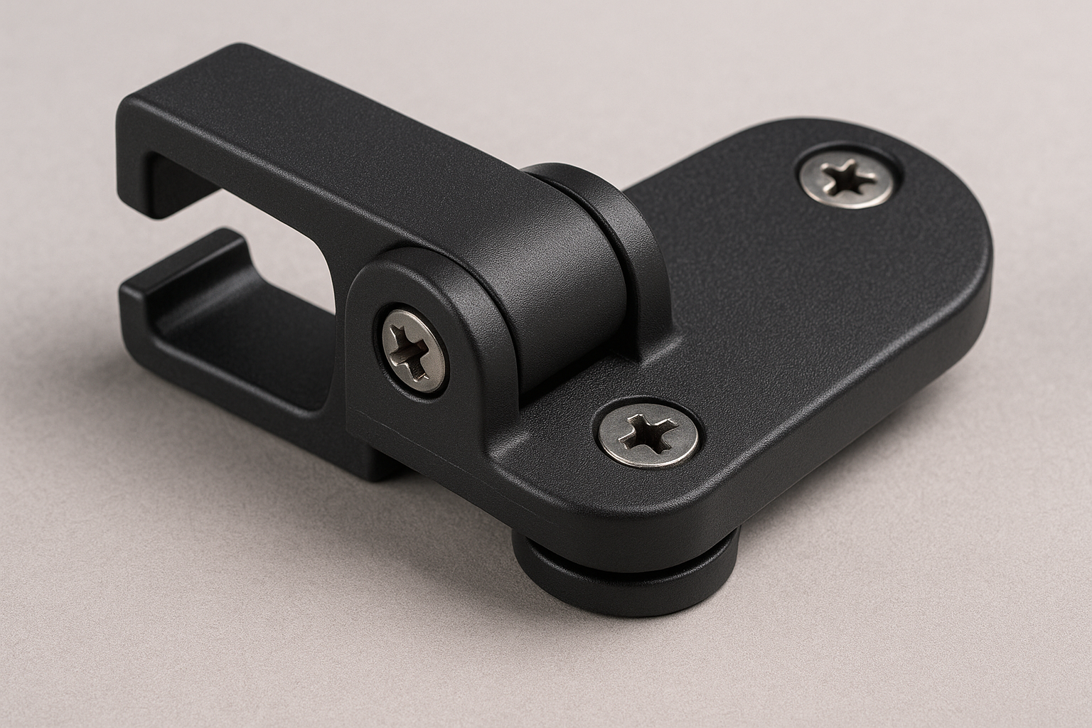 Functional plastic subassembly with integrated mechanical fasteners and moving features.