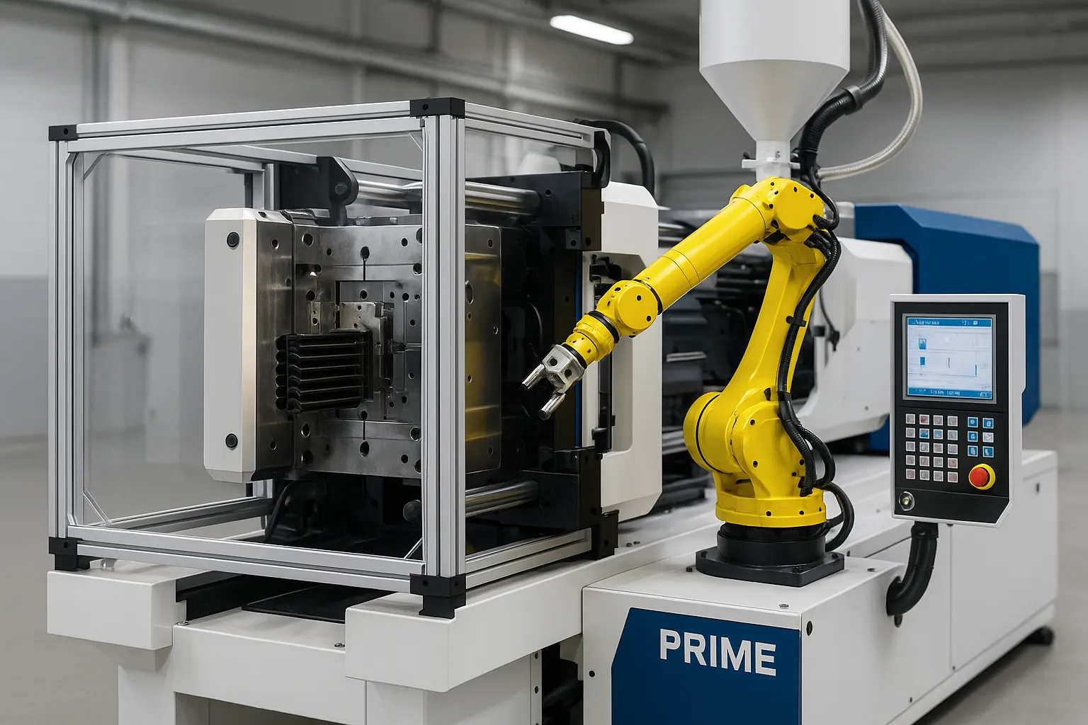 Advanced injection molding machine with a transparent safety shield and robotic arm setup, used for producing precision plastic components at PRIME.