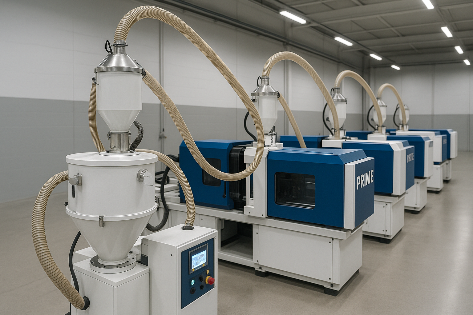 Material drying and feeding system connected to multiple injection molding machines in a centralized PRIME factory setup.