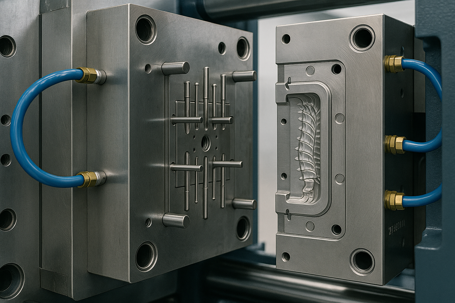 Close-up of an opened plastic injection mold showing ejector pins and cooling channels during tool change.