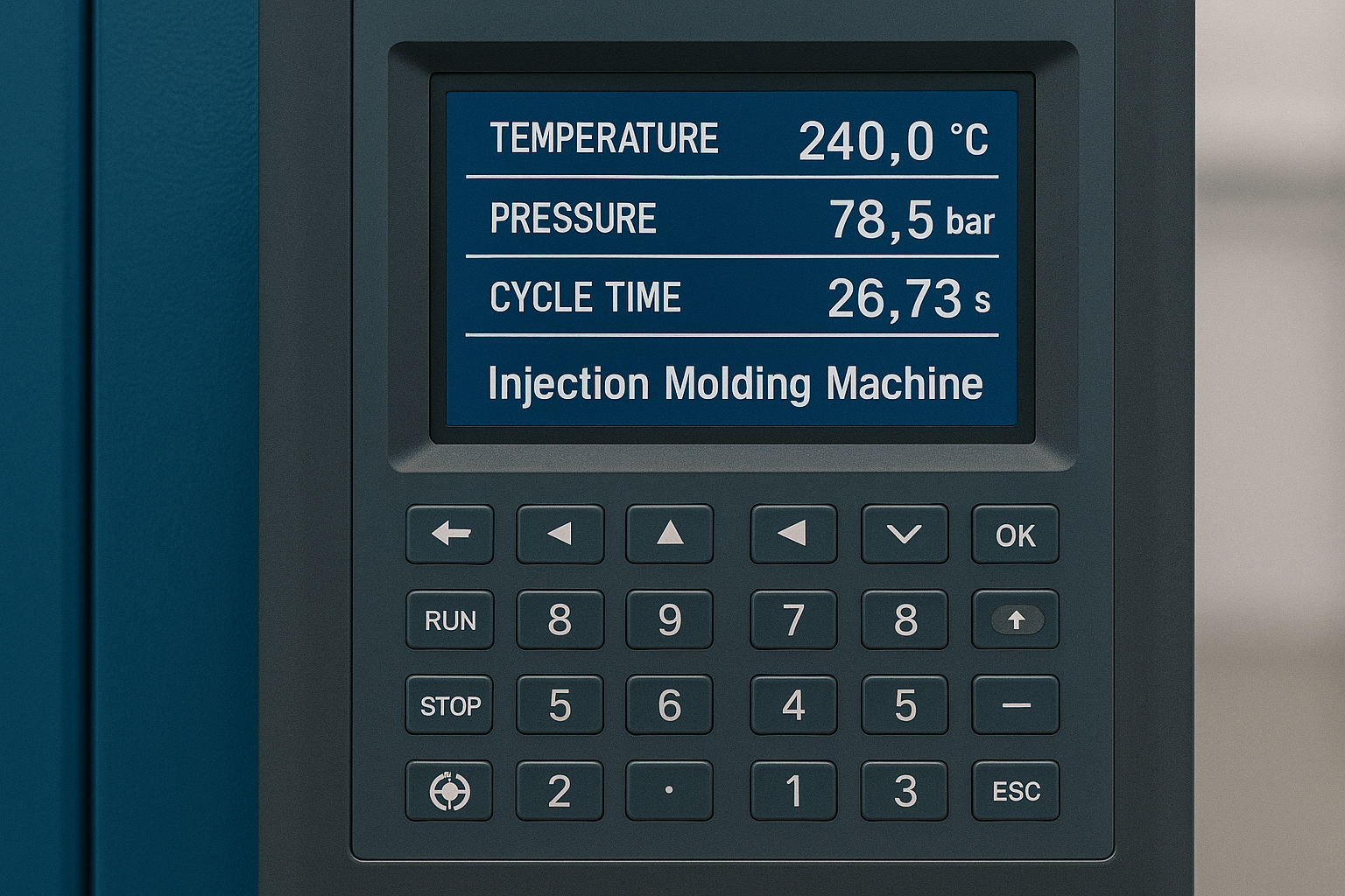 Digital control panel of a plastic injection machine showing real-time temperature, pressure, and cycle data.