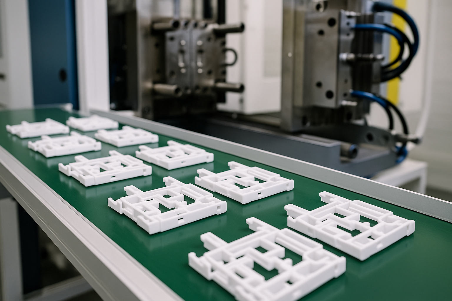 Plastic parts lined up on a cooling conveyor belt immediately after ejection from the mold, ready for inspection.