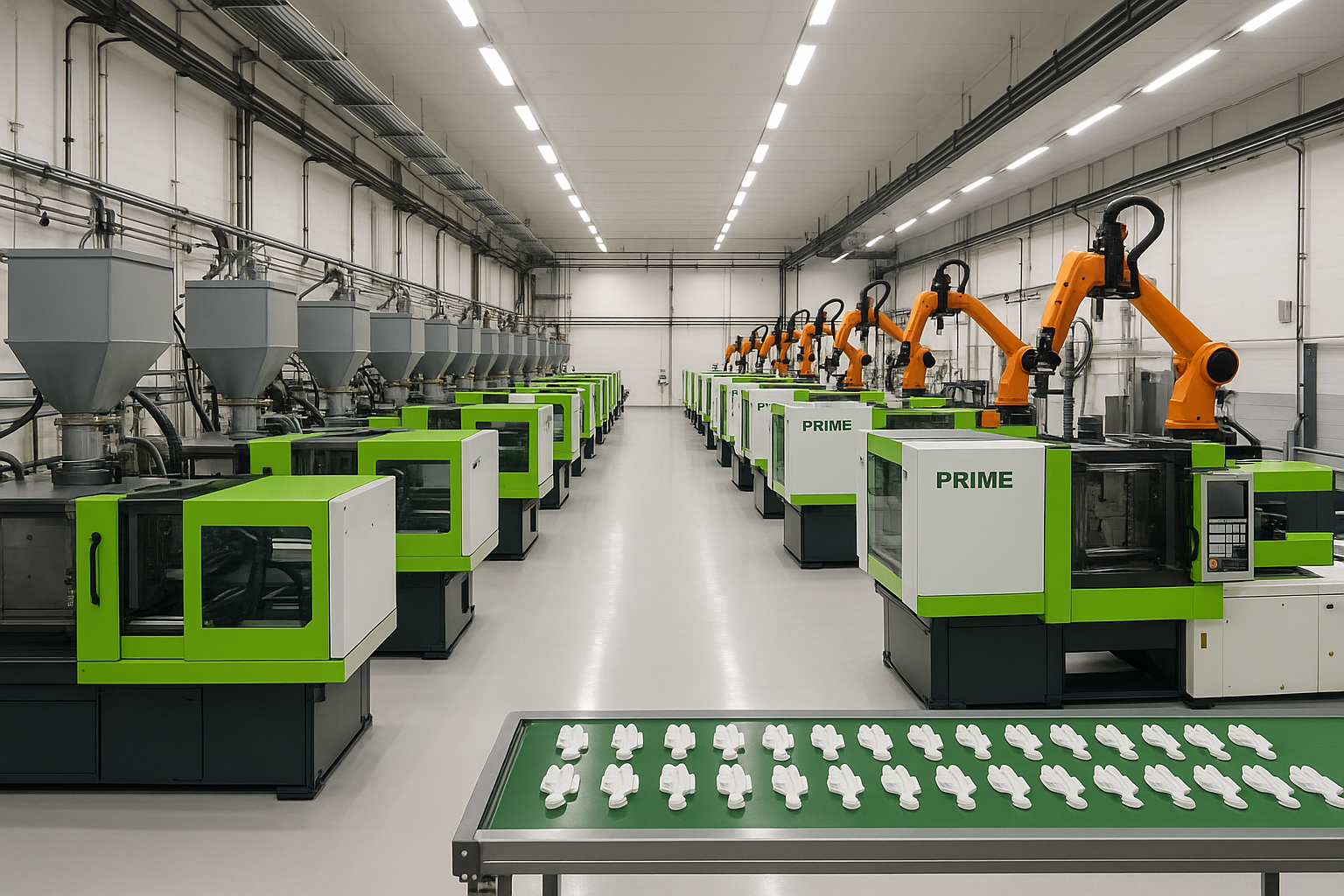 Wide-angle view of PRIME's plastic production workshop with rows of automated injection machines and raw material storage bins.