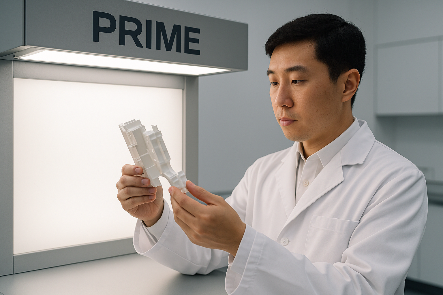 Technicians in lab coats inspecting plastic components under lighting panels in PRIME's plastic inspection lab.