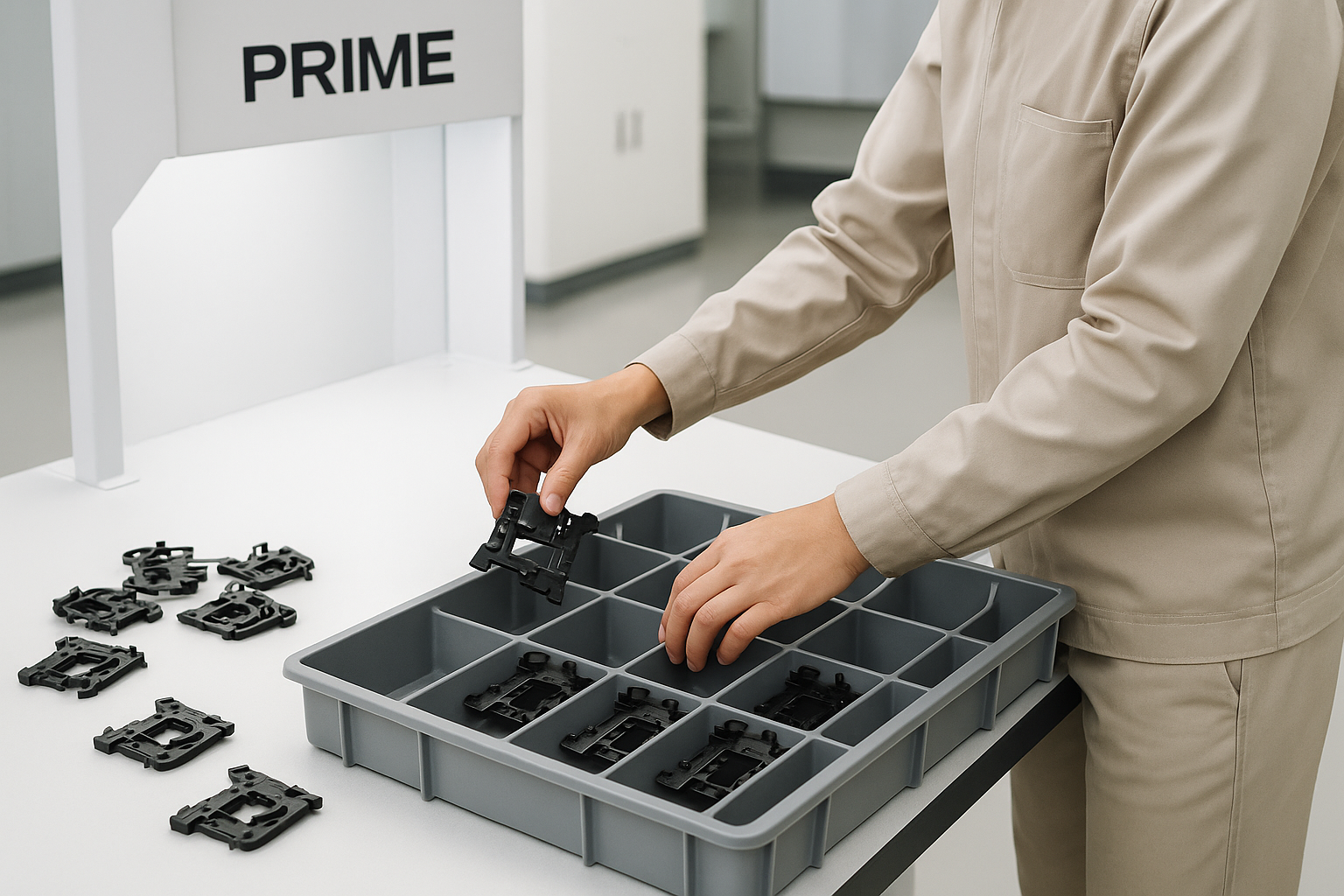 Operator sorting molded plastic parts into trays for downstream processing inside a clean PRIME facility.