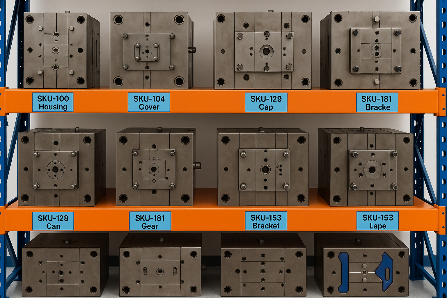 Organized tooling rack with multiple injection molds clearly labeled for different plastic part SKUs.