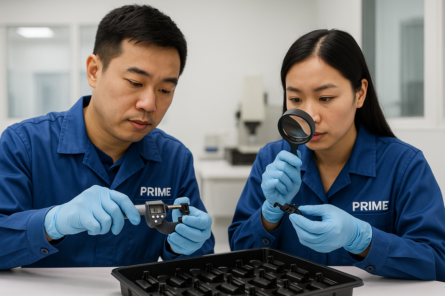 Quality assurance team using micrometers and visual gauges to inspect batches of plastic components.