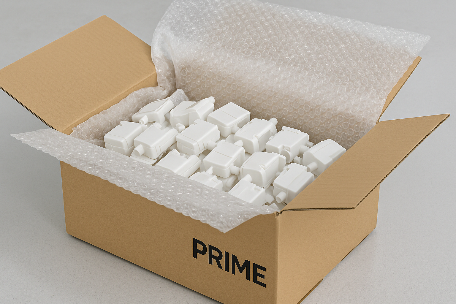 Plastic parts protected in bubble wrap and packed into custom-sized cartons for international shipping.