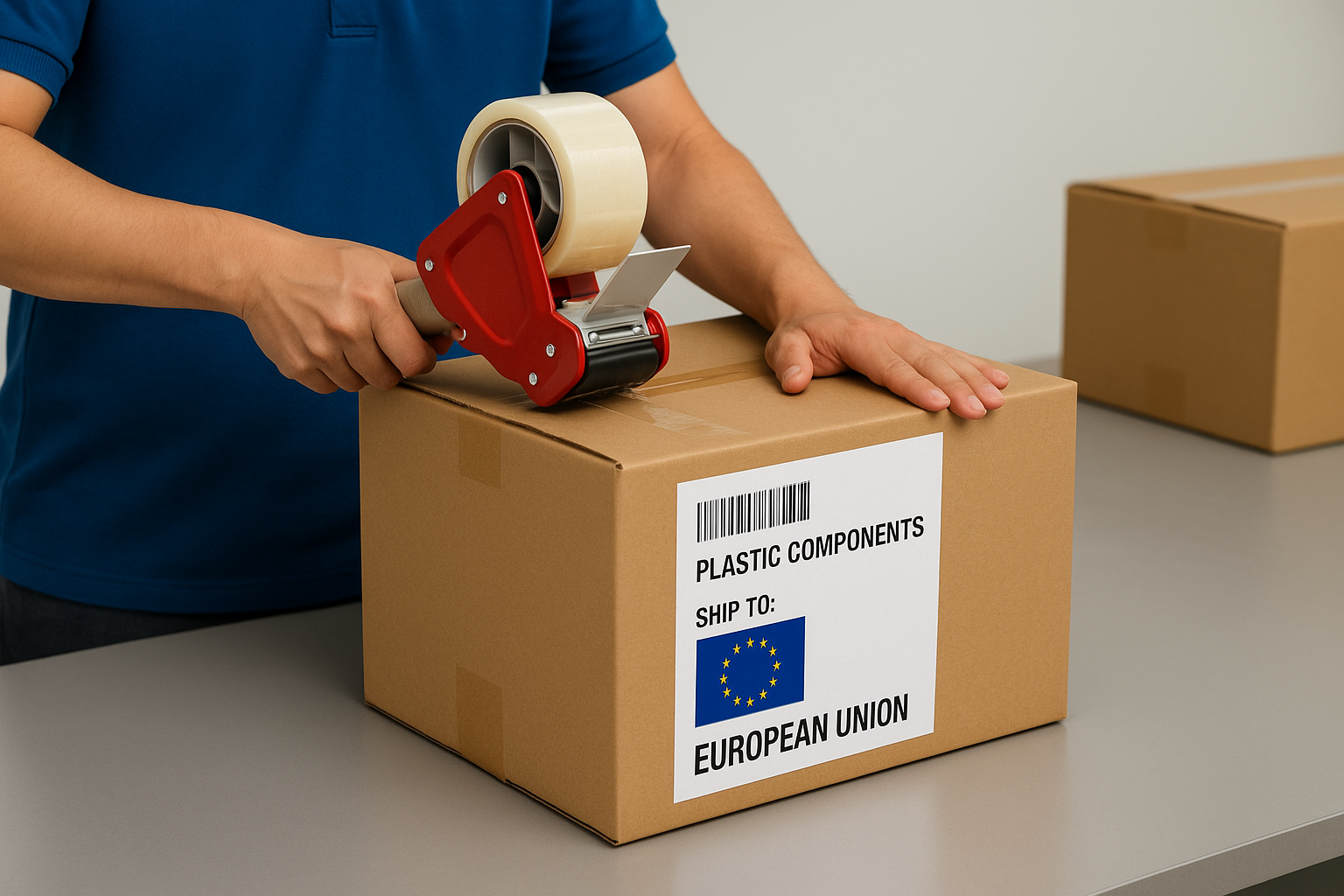 Worker taping down sealed cartons filled with plastic components, labeled for shipment to the EU.