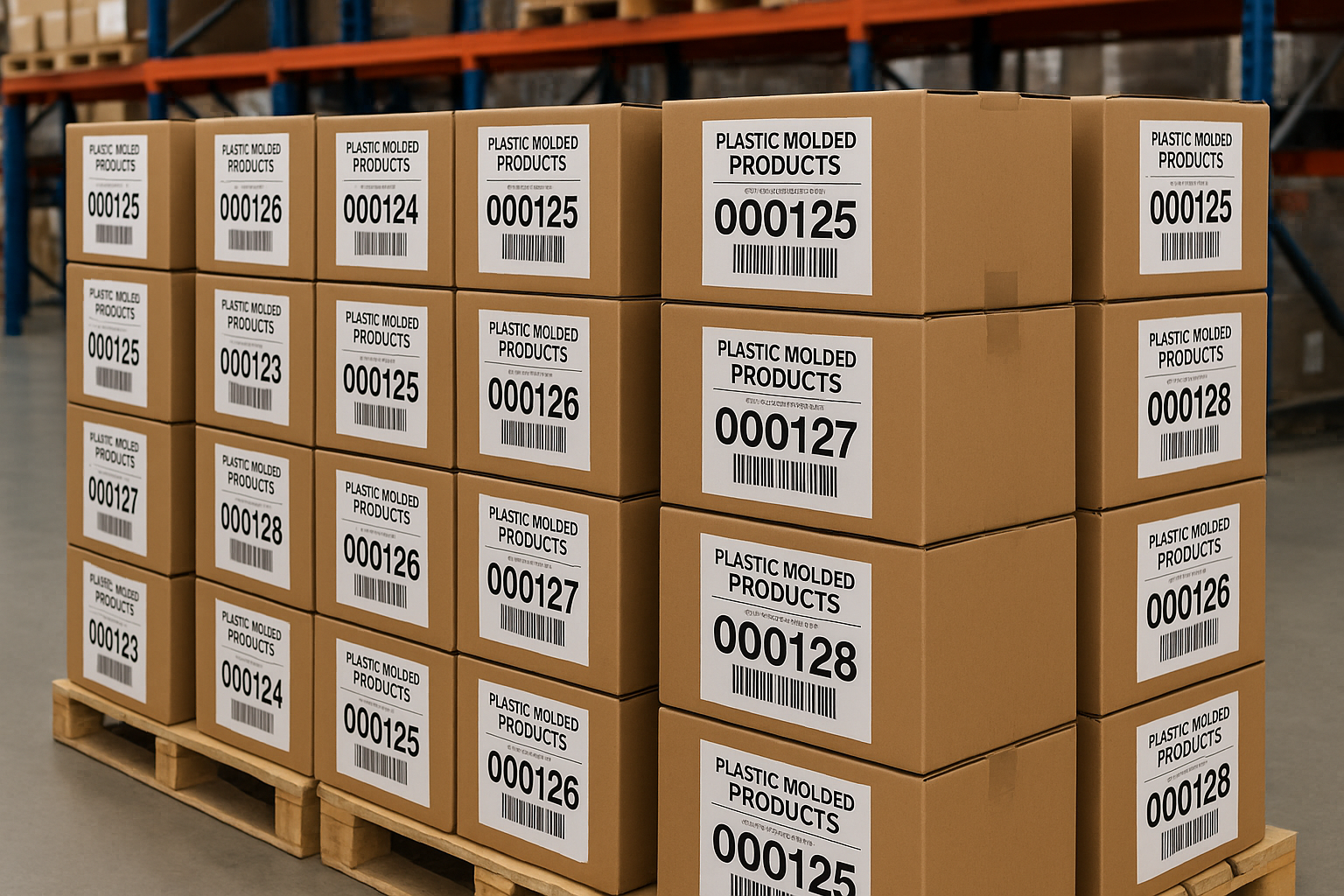 Neatly labeled boxes containing plastic molded products stacked on a wooden pallet inside the warehouse.