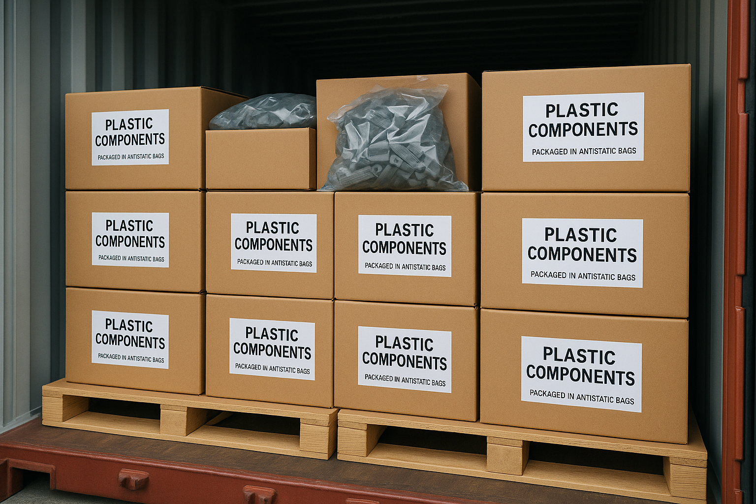 Plastic components packaged in anti-static bags, loaded into a shipping container for global export.