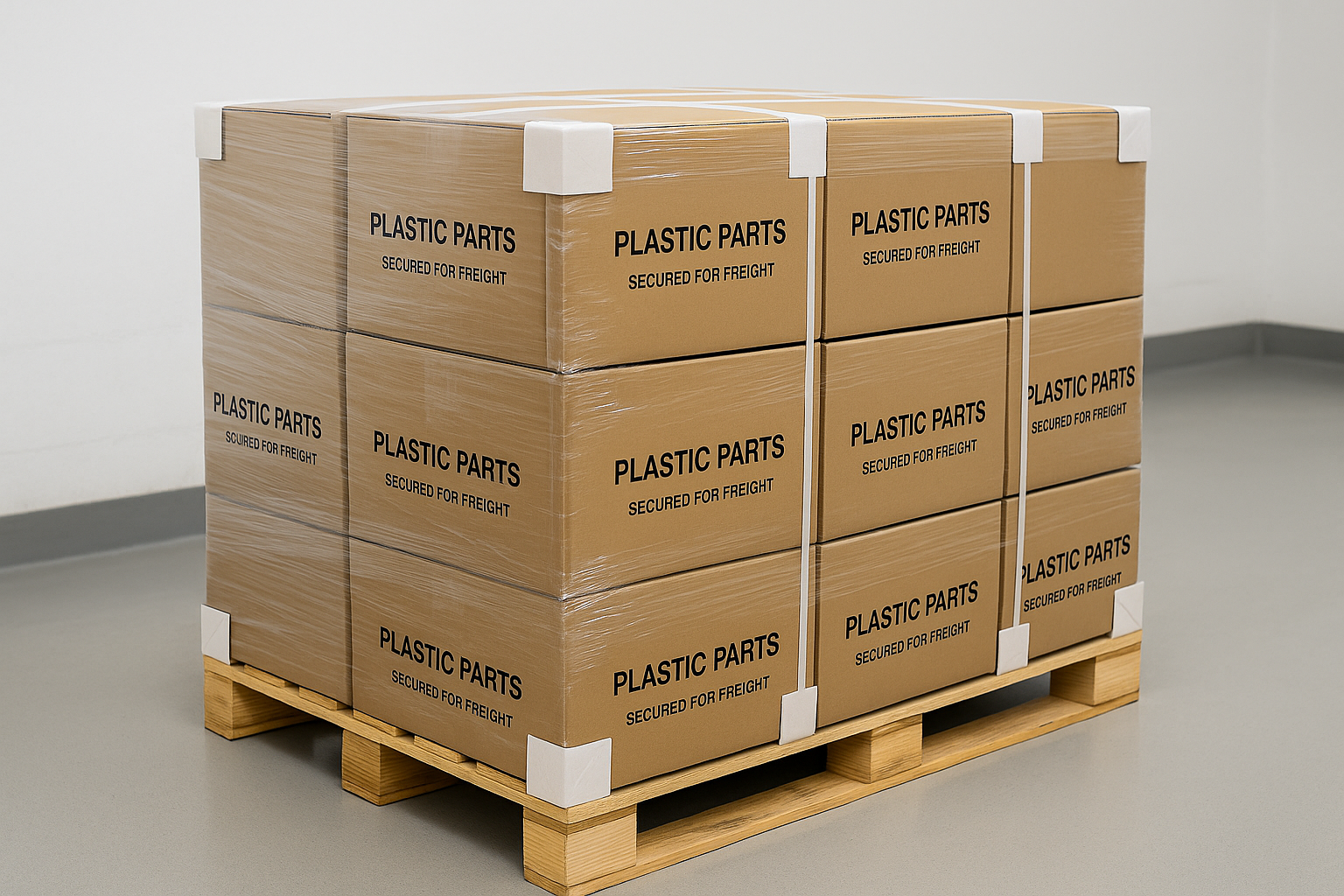 Shrink-wrapped plastic part cartons secured on a wooden pallet for freight shipment with corner protectors.