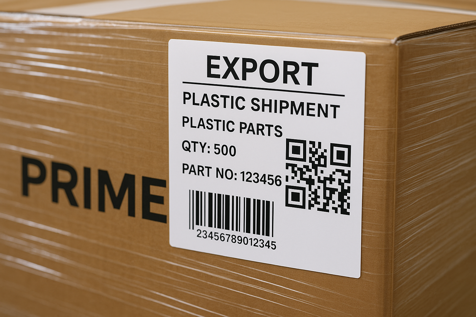 Close-up of export label with QR code and product info attached to a packed plastic shipment from PRIME.