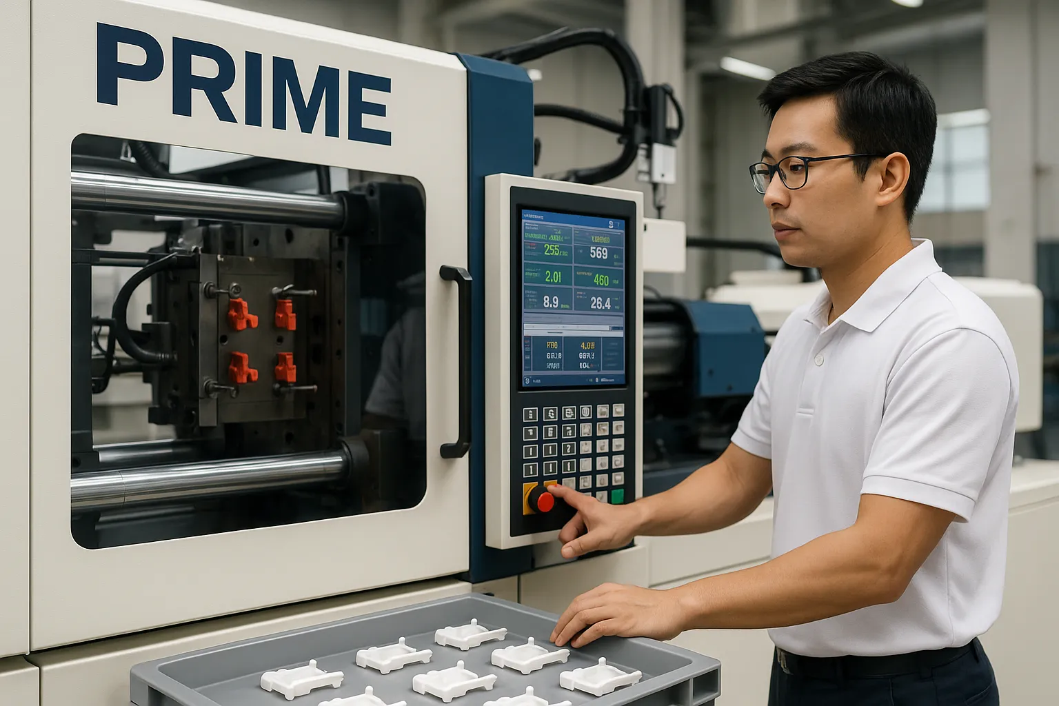 Technician operating injection molding machine to produce custom plastic parts in factory environment.