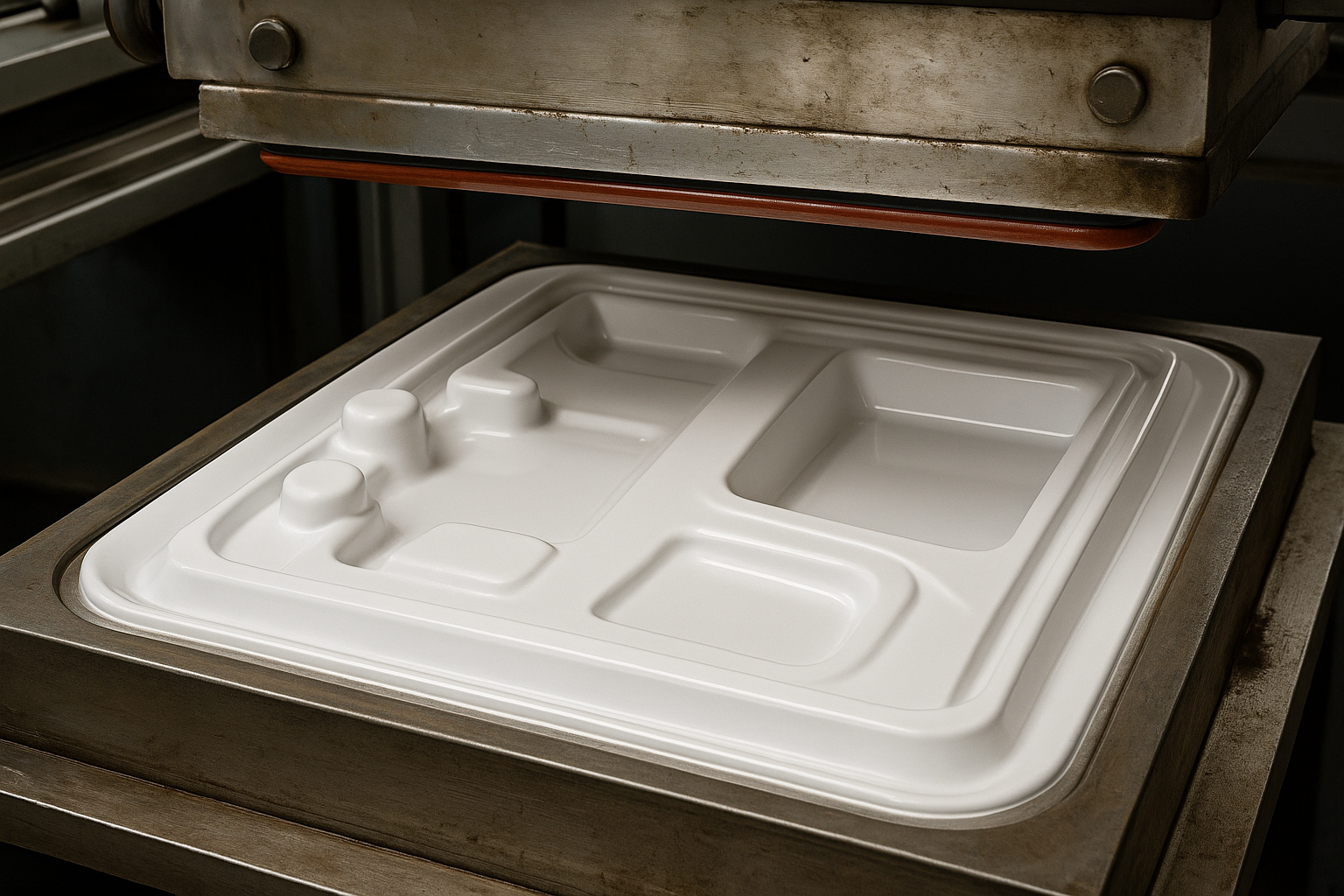 Custom white thermoformed plastic part resting in a precision metal mold during manufacturing.