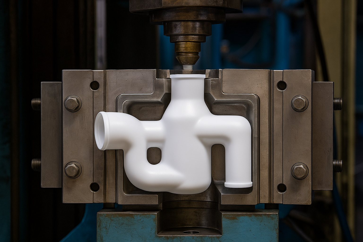 Blow-molded plastic containers on a conveyor with uniform wall thickness.