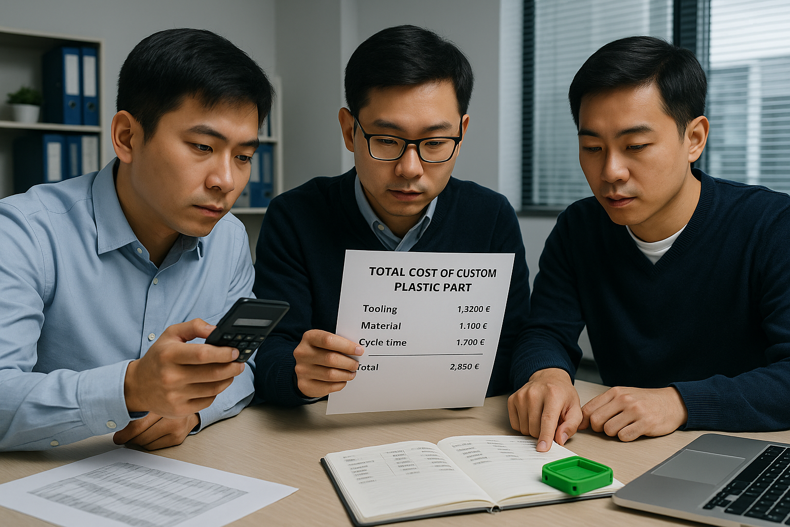 Team calculating total cost of a custom plastic part including tooling, materials and cycle time