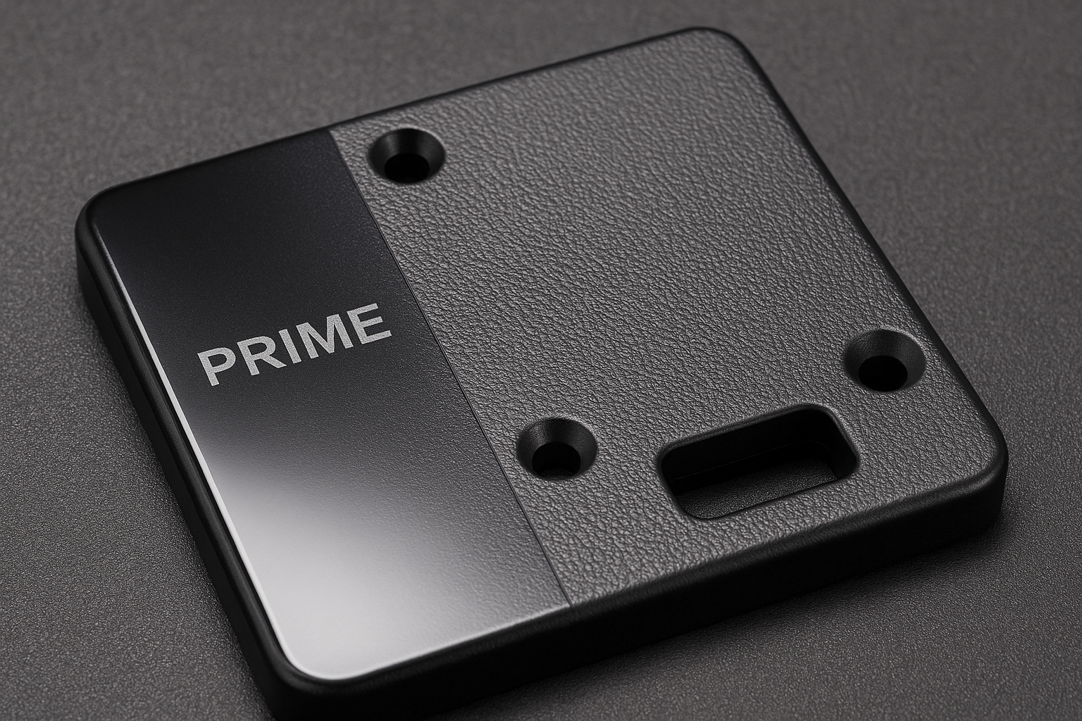 Close-up of a custom plastic component featuring dual surface finishes—glossy and textured—with laser marking of the word PRIME and precise mounting holes.