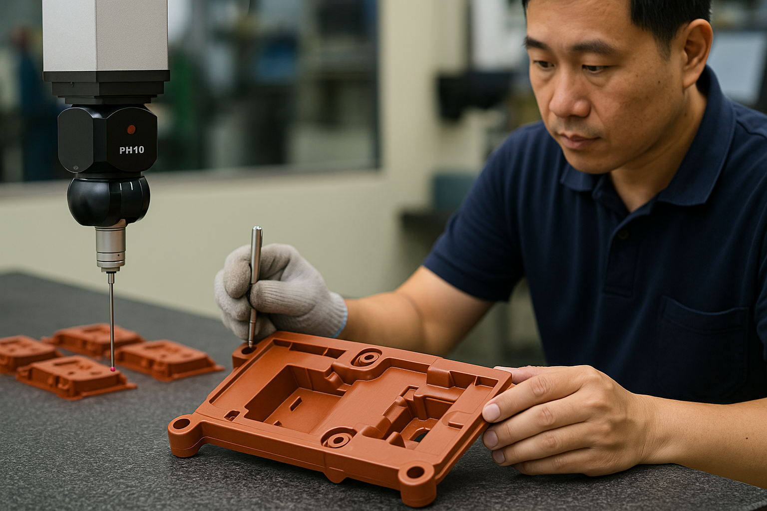 Inspector using CMM to measure custom injection-molded plastic parts in factory.