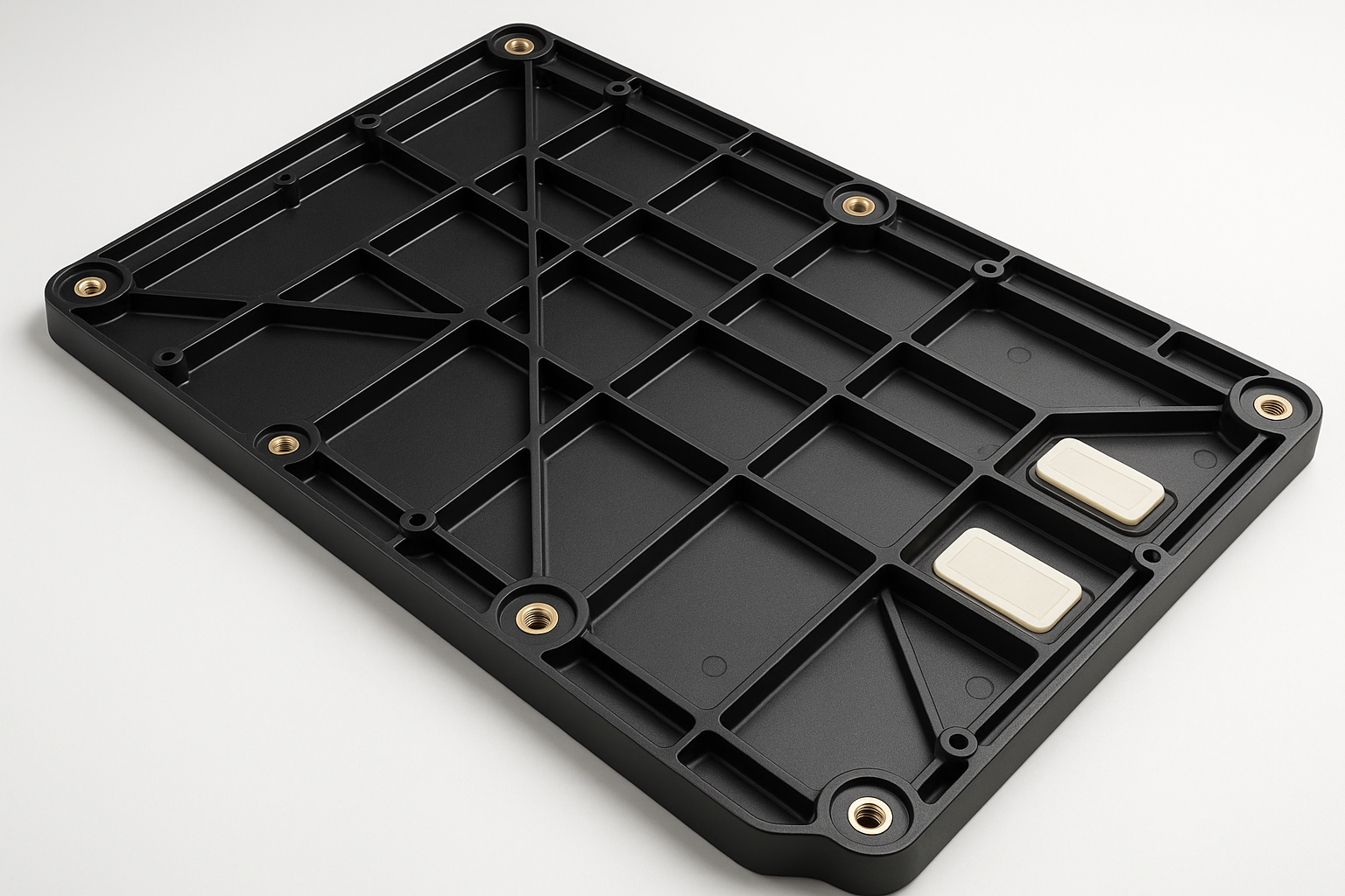 Large injection-molded plastic industrial panel with structural ribs and embedded inserts