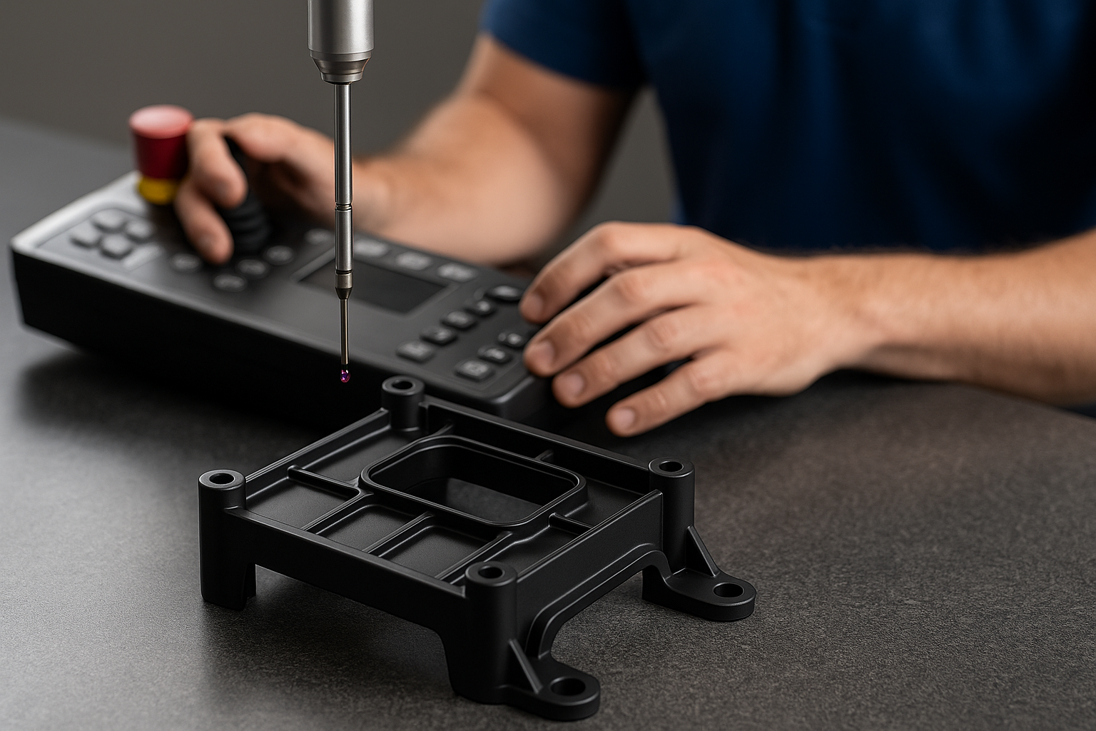 Inspector using CMM to measure injection-molded plastic part with precision features
